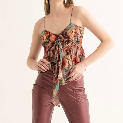 Smudged Floral Chinon Bralette and Cherry Red Pants Co-ord