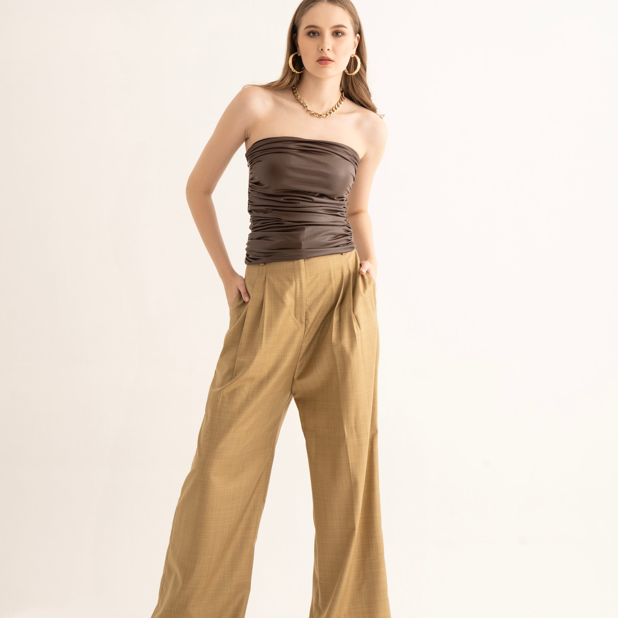 Brown Faux Leather Gathered Tube Top