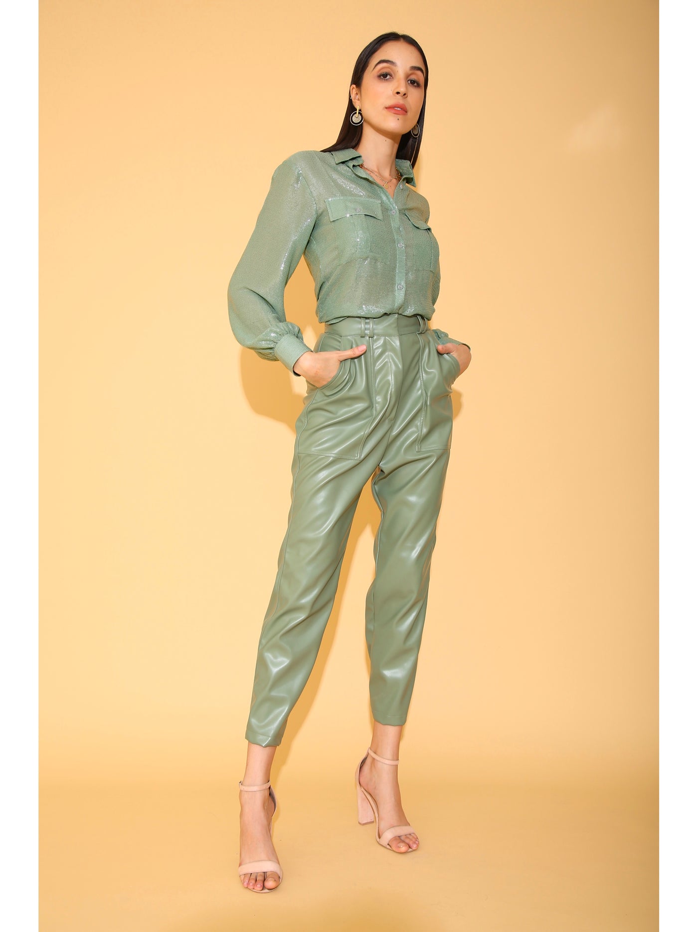 Aqua Sequins and Green Leather Co-ord Set