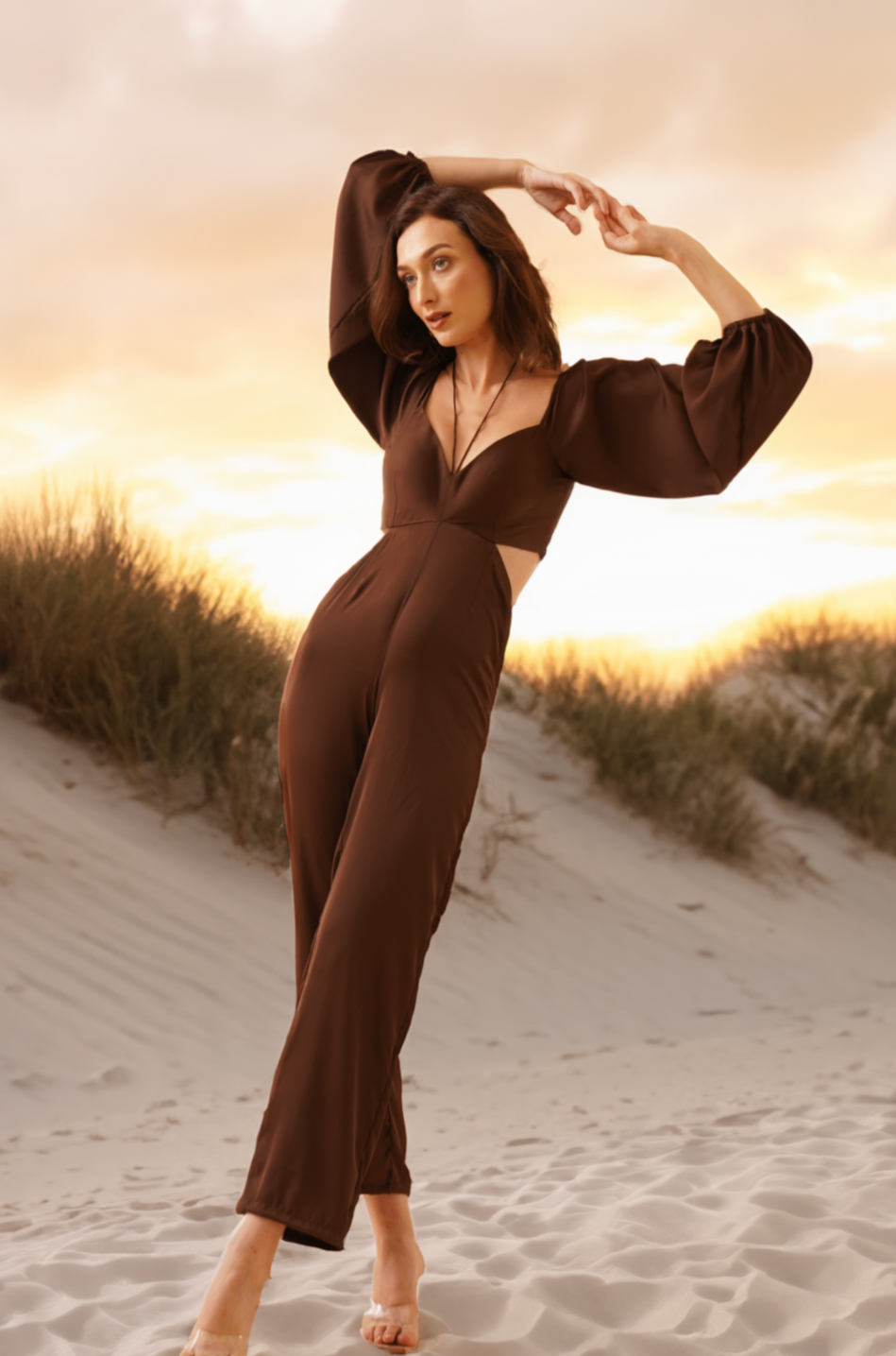 Walnut V-neck Jumpsuit