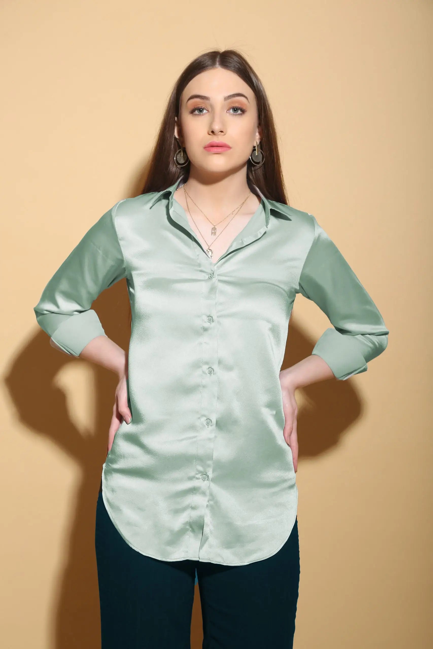 Button down collared aqua blue satin shirt