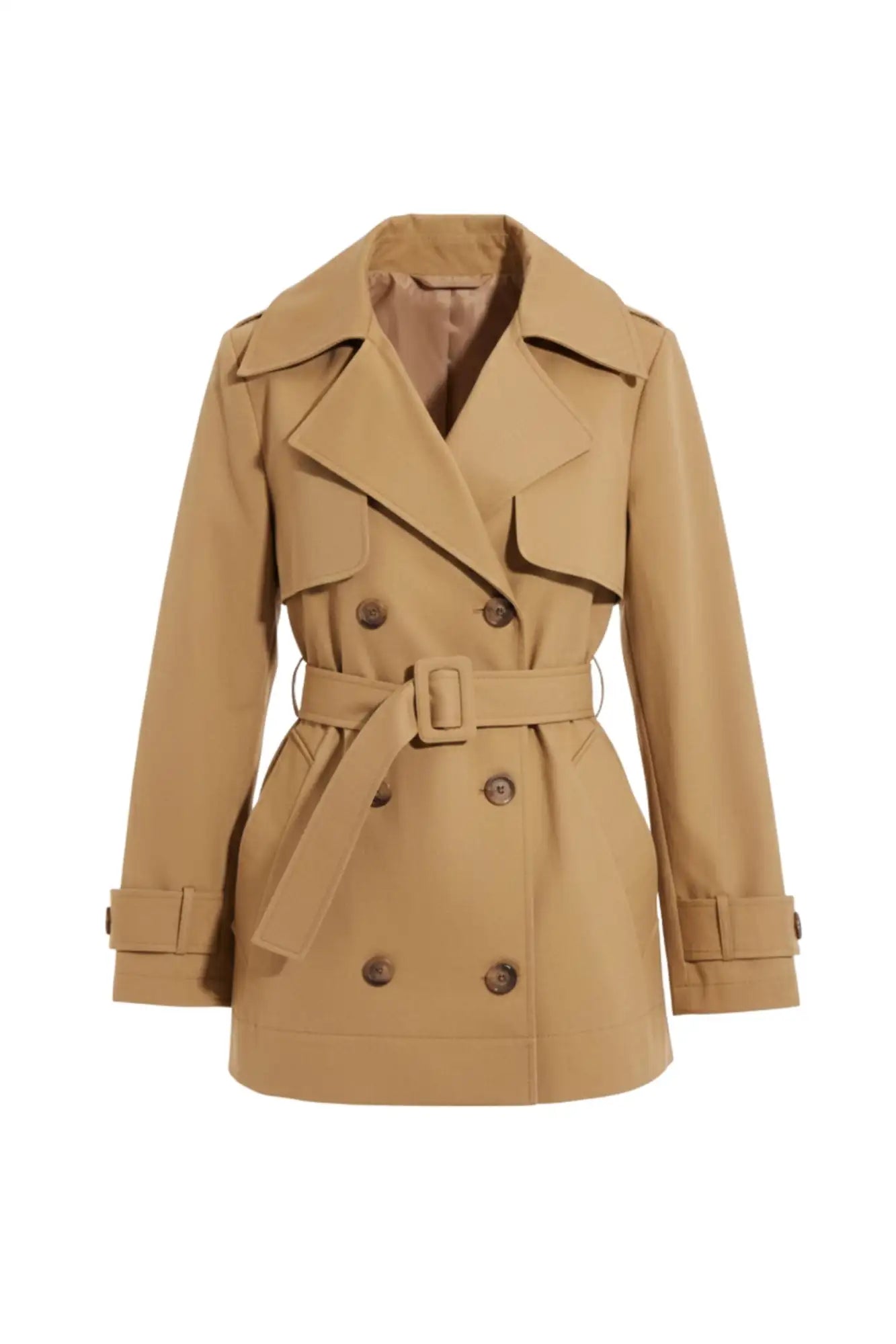 Beige double-breasted trench coat with a belted waist and dark brown buttons.