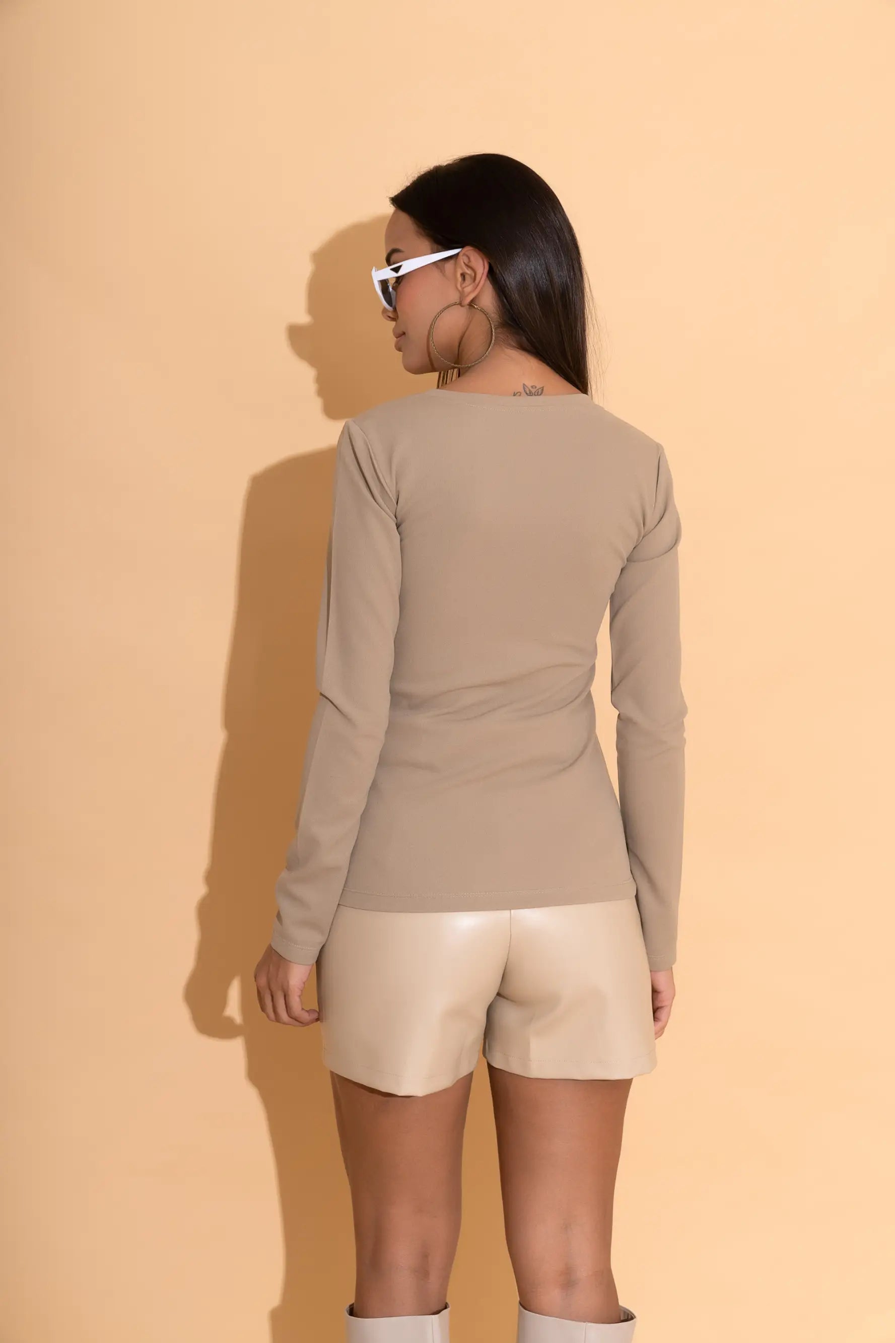 Beige Lycra V Neck Top - TOPS