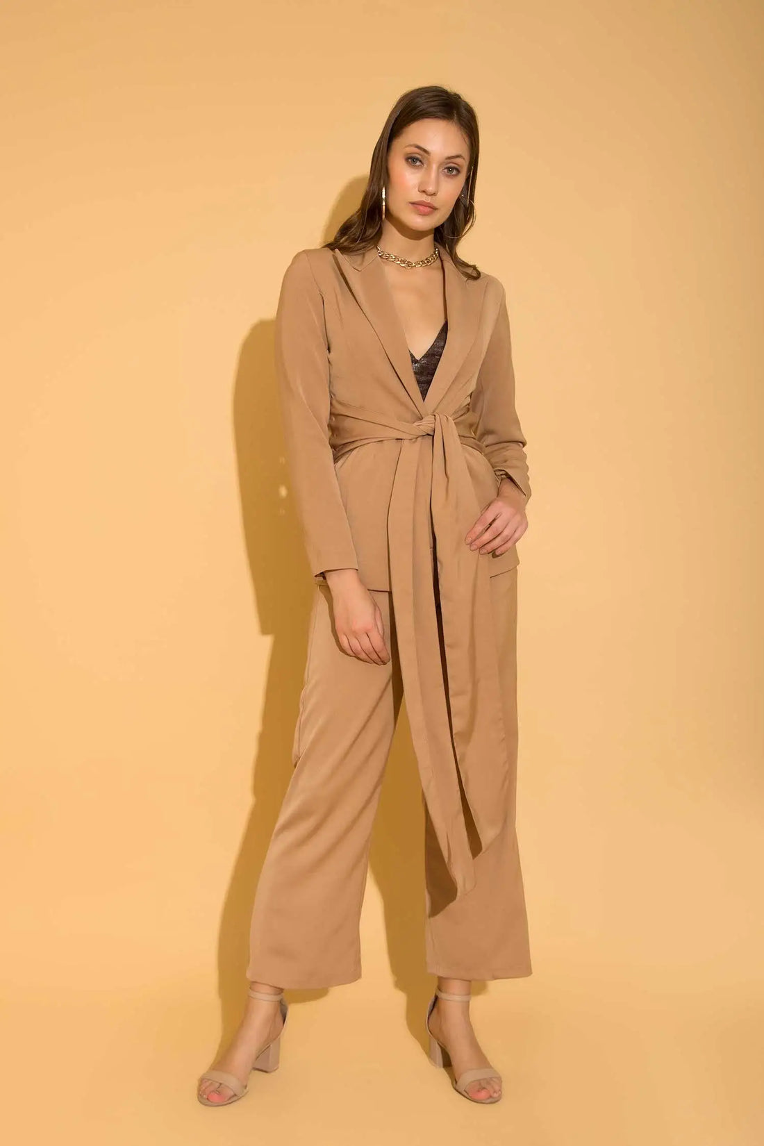 Beige Tie Up Co-ord Set - SET