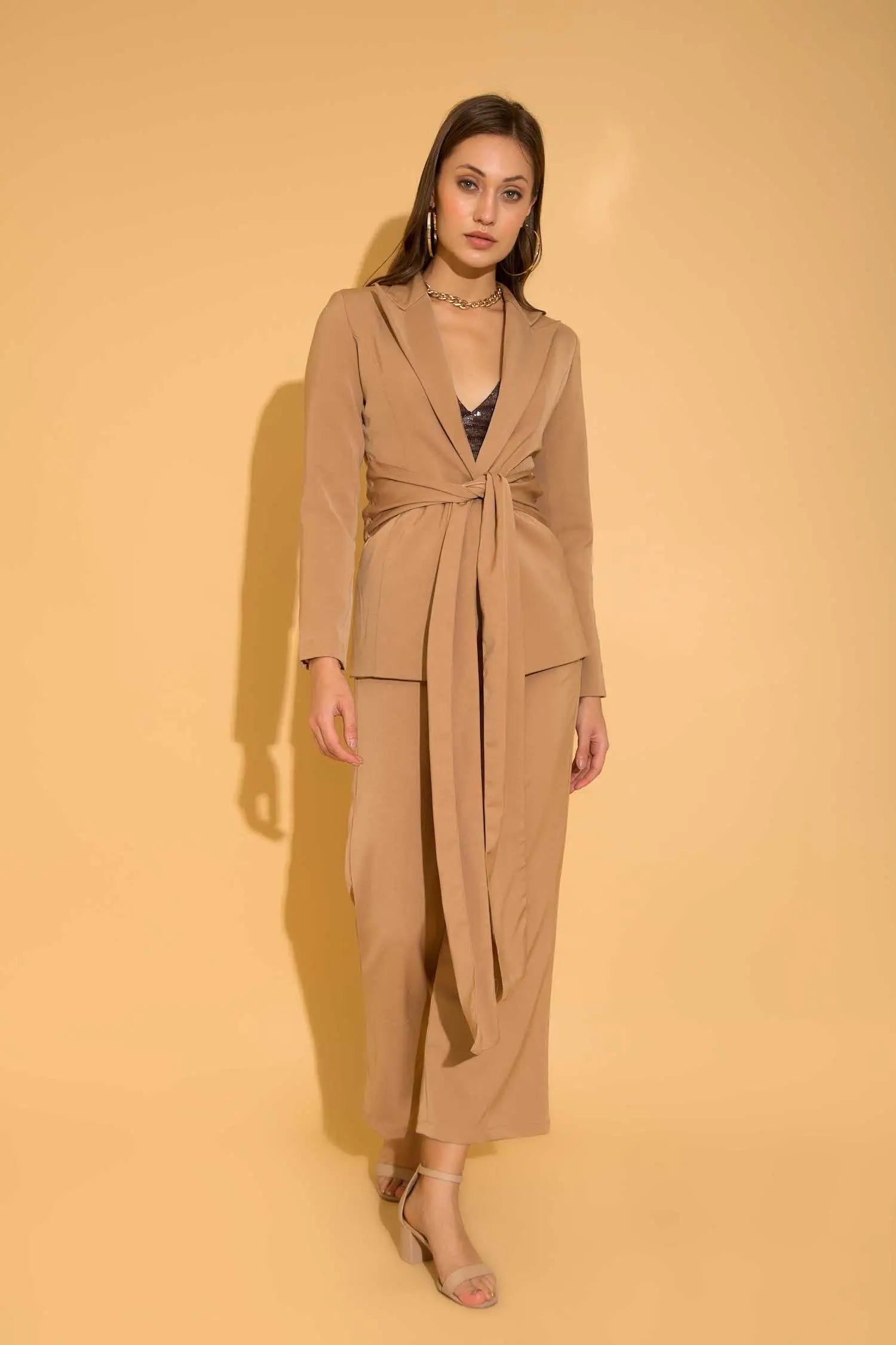 Beige Tie Up Co-ord Set - SET