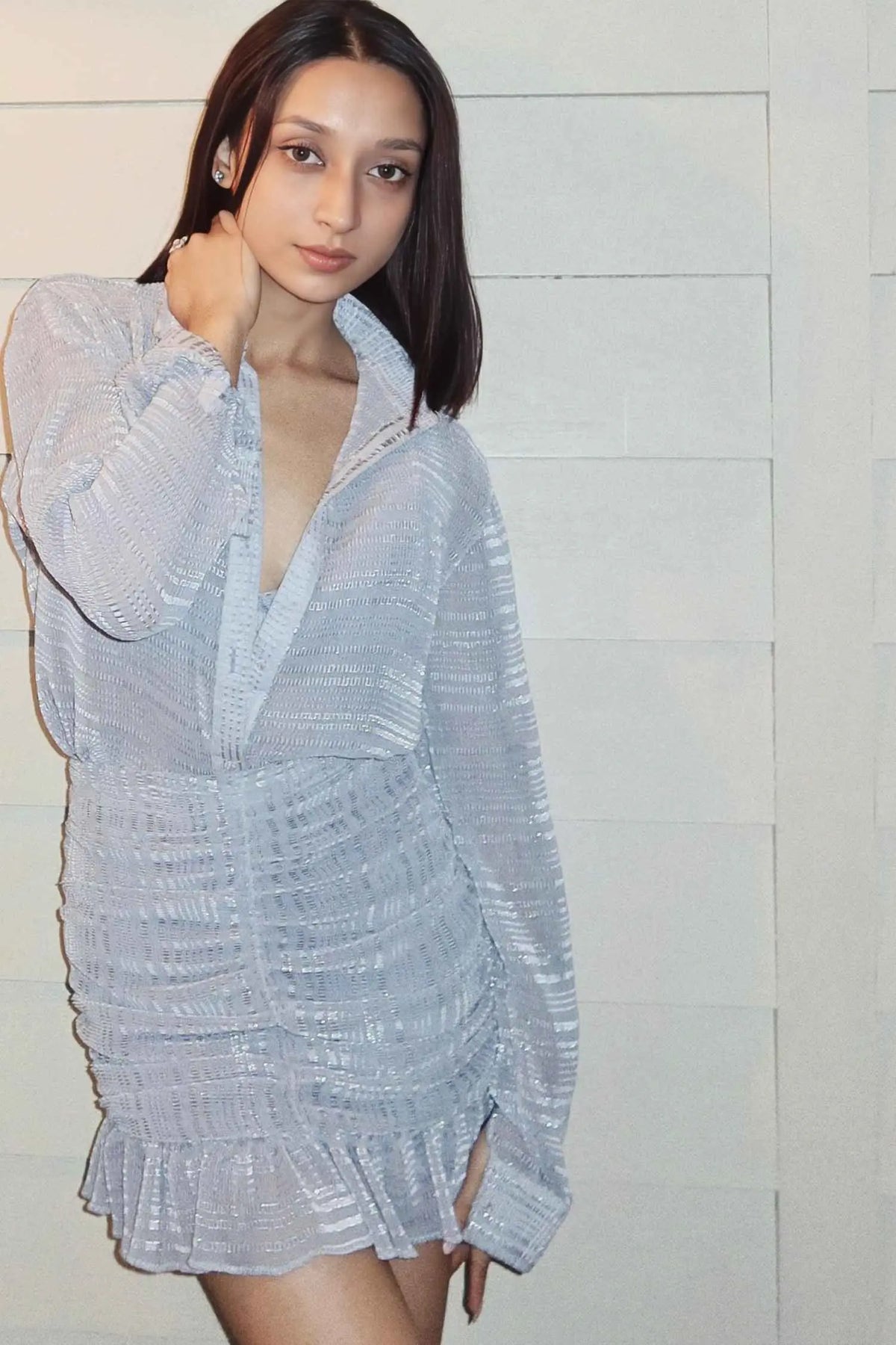 Belle Blue Pleated Lurex Shirt - SHIRTS