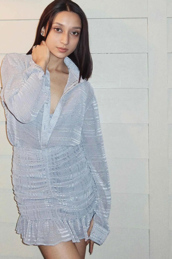 Belle Blue Pleated Lurex Shirt - SHIRTS