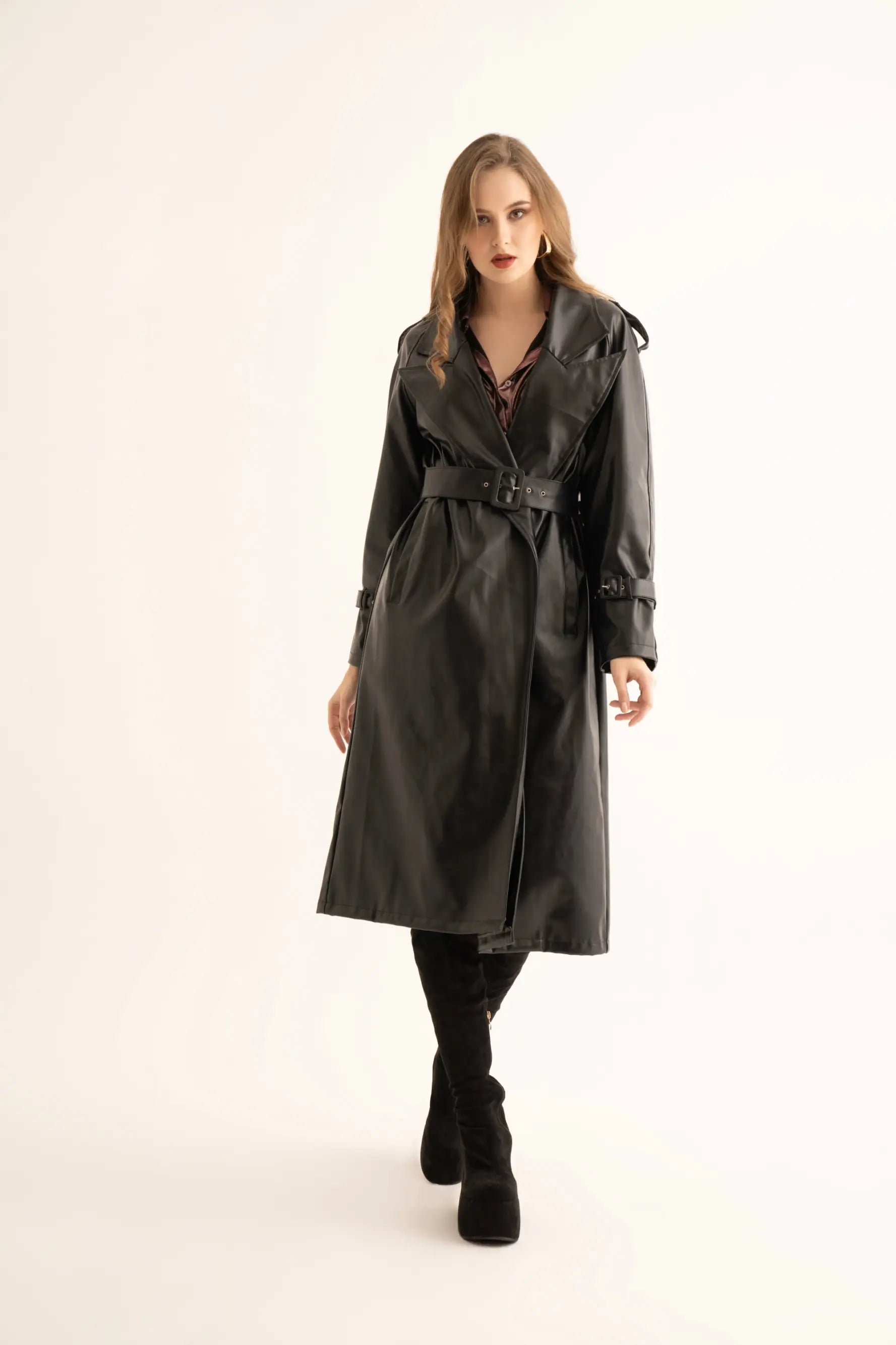 Black Faux Leather Trench - trench