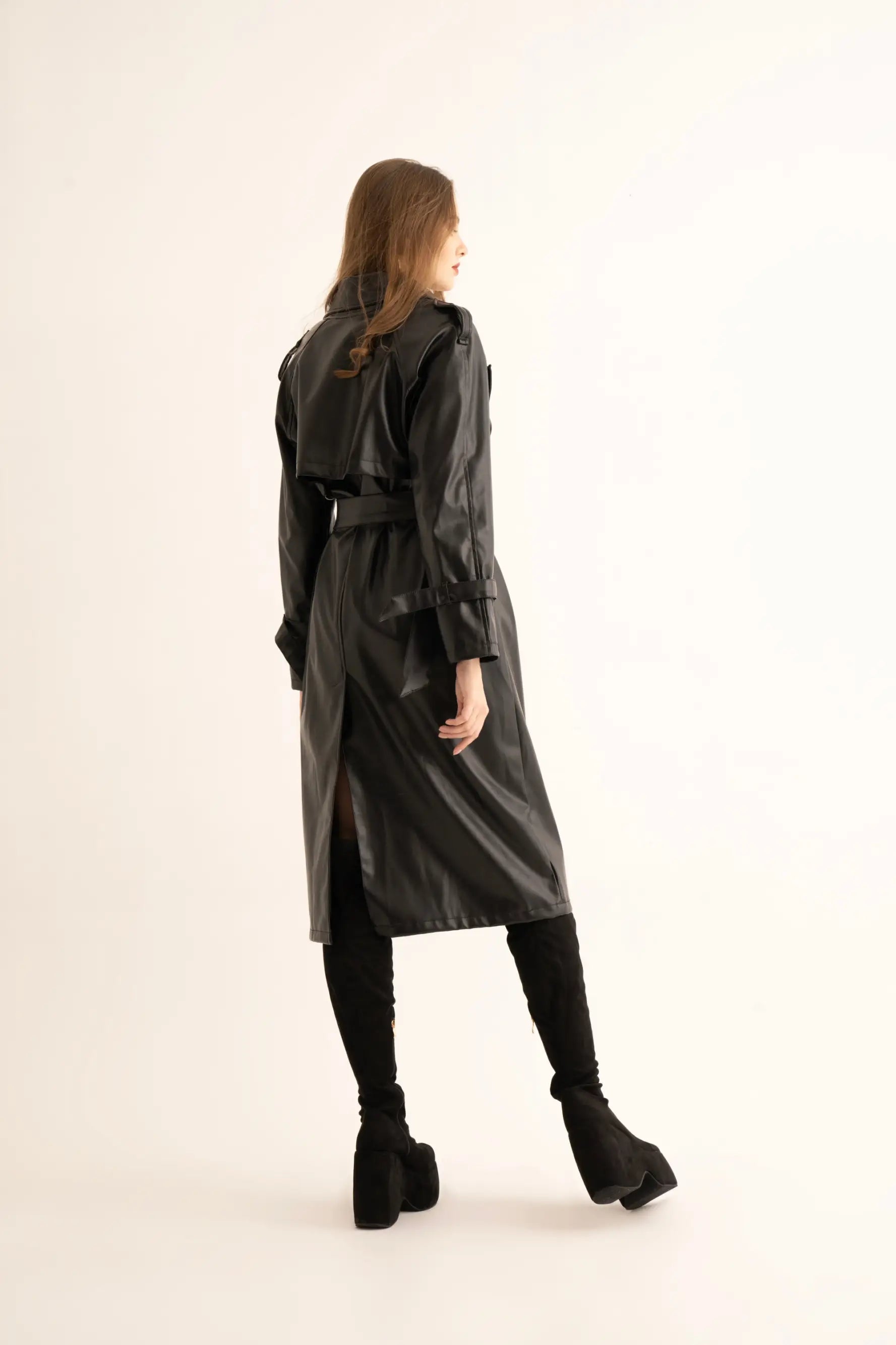 Black Faux Leather Trench - trench