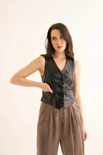 Black Faux Leather Waistcoat - WAISTCOAT