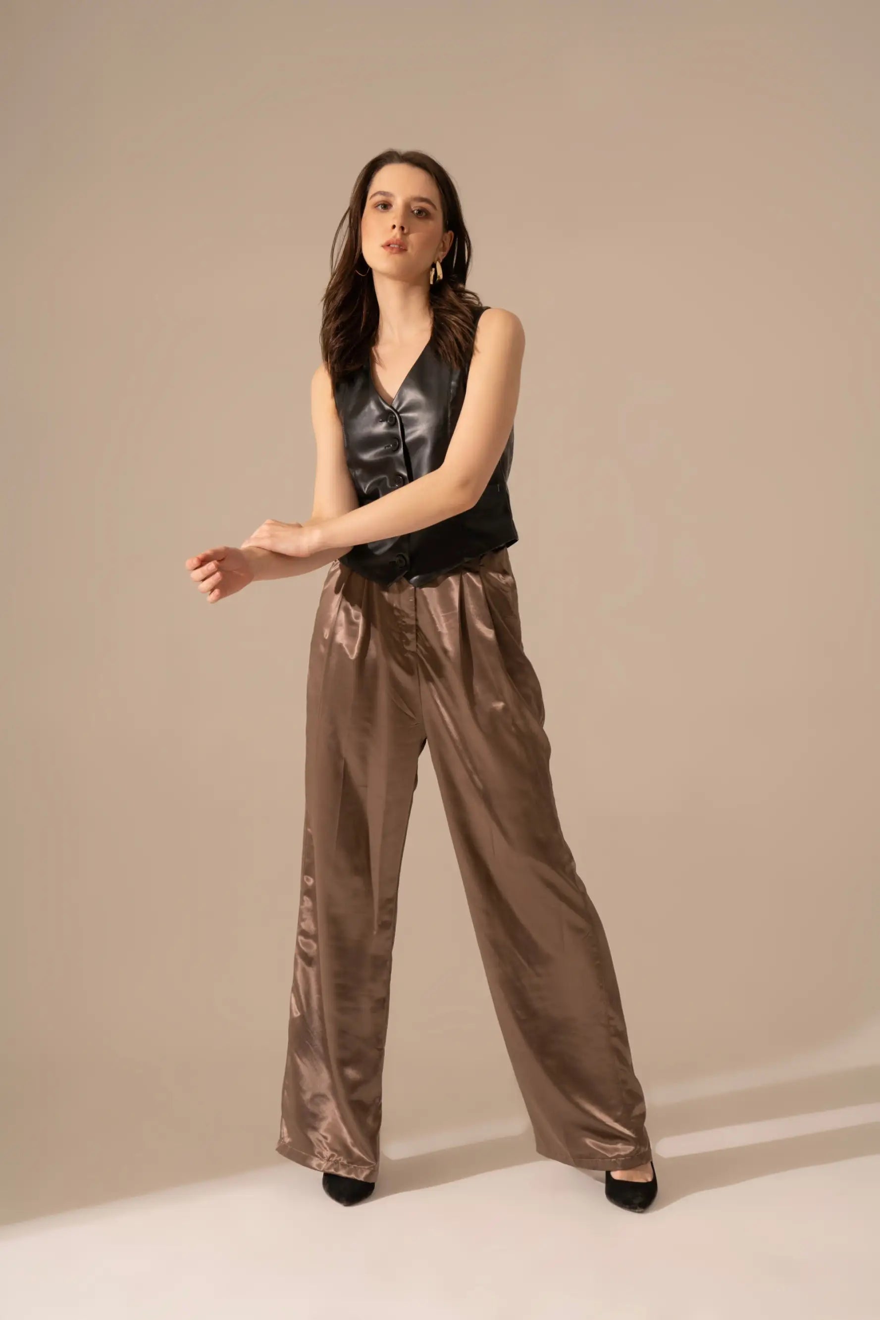 Black Faux Leather Waistcoat and Satin Korean Pants Co-ord Set - SET