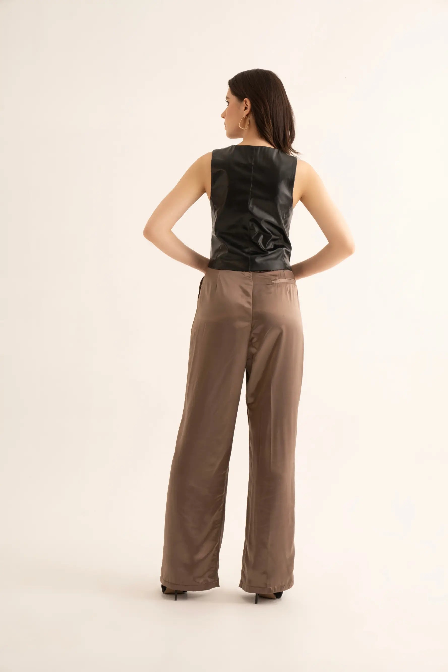 Black Faux Leather Waistcoat and Satin Korean Pants Co-ord Set - SET