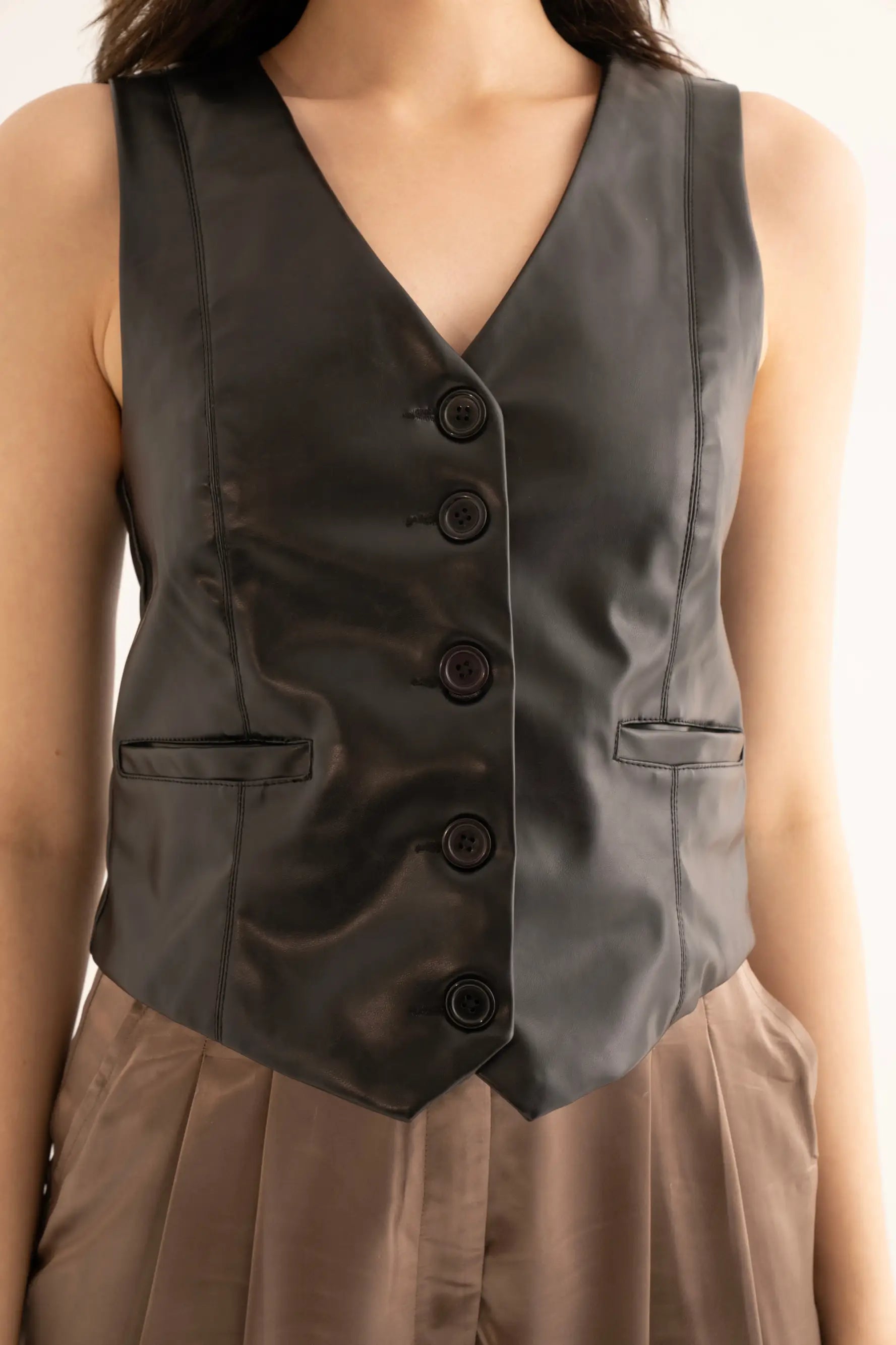 Black Faux Leather Waistcoat and Satin Korean Pants Co-ord Set - SET