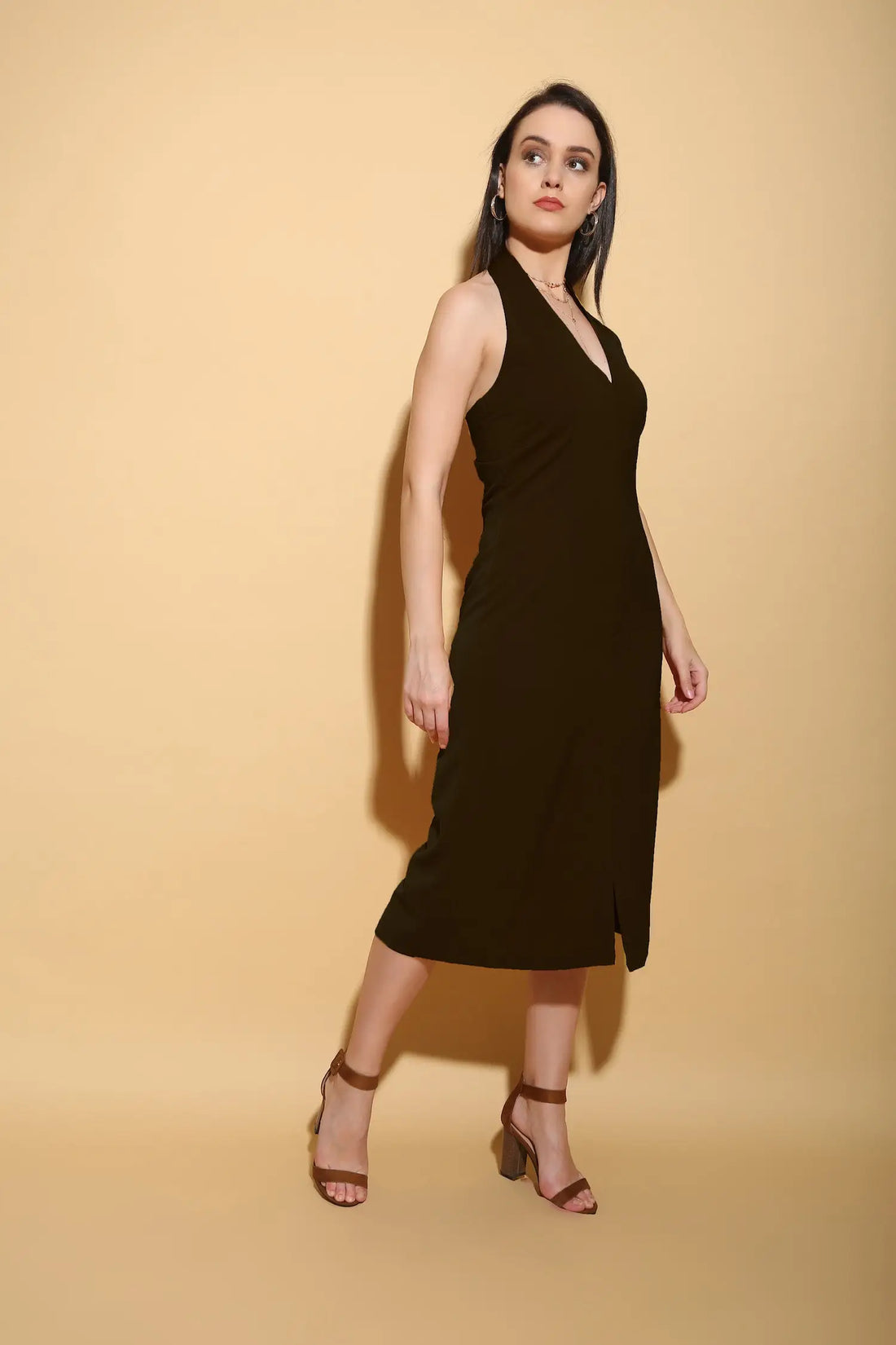 Black Halter Midi Dress - DRESSES