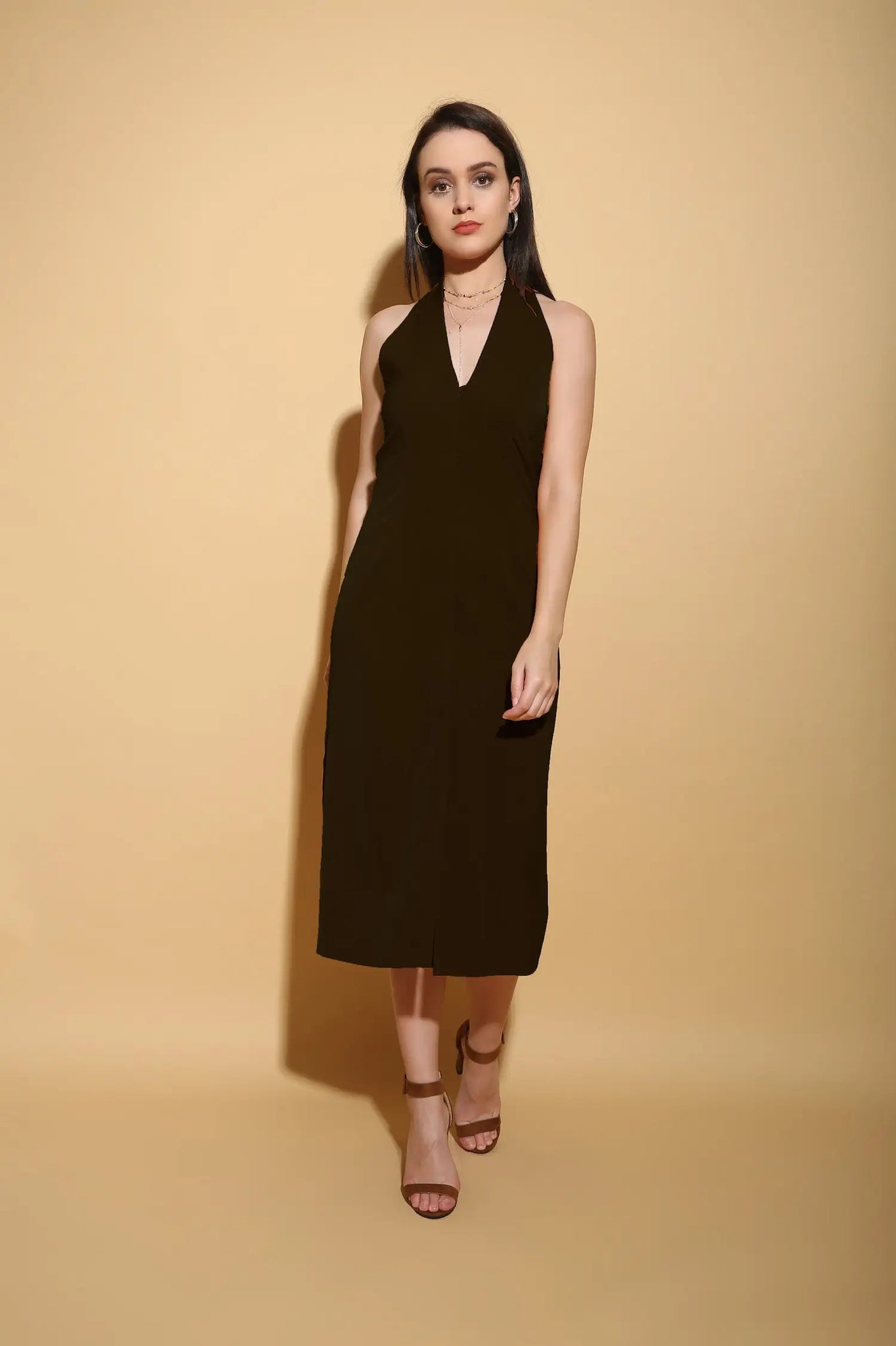 Black Halter Midi Dress - DRESSES