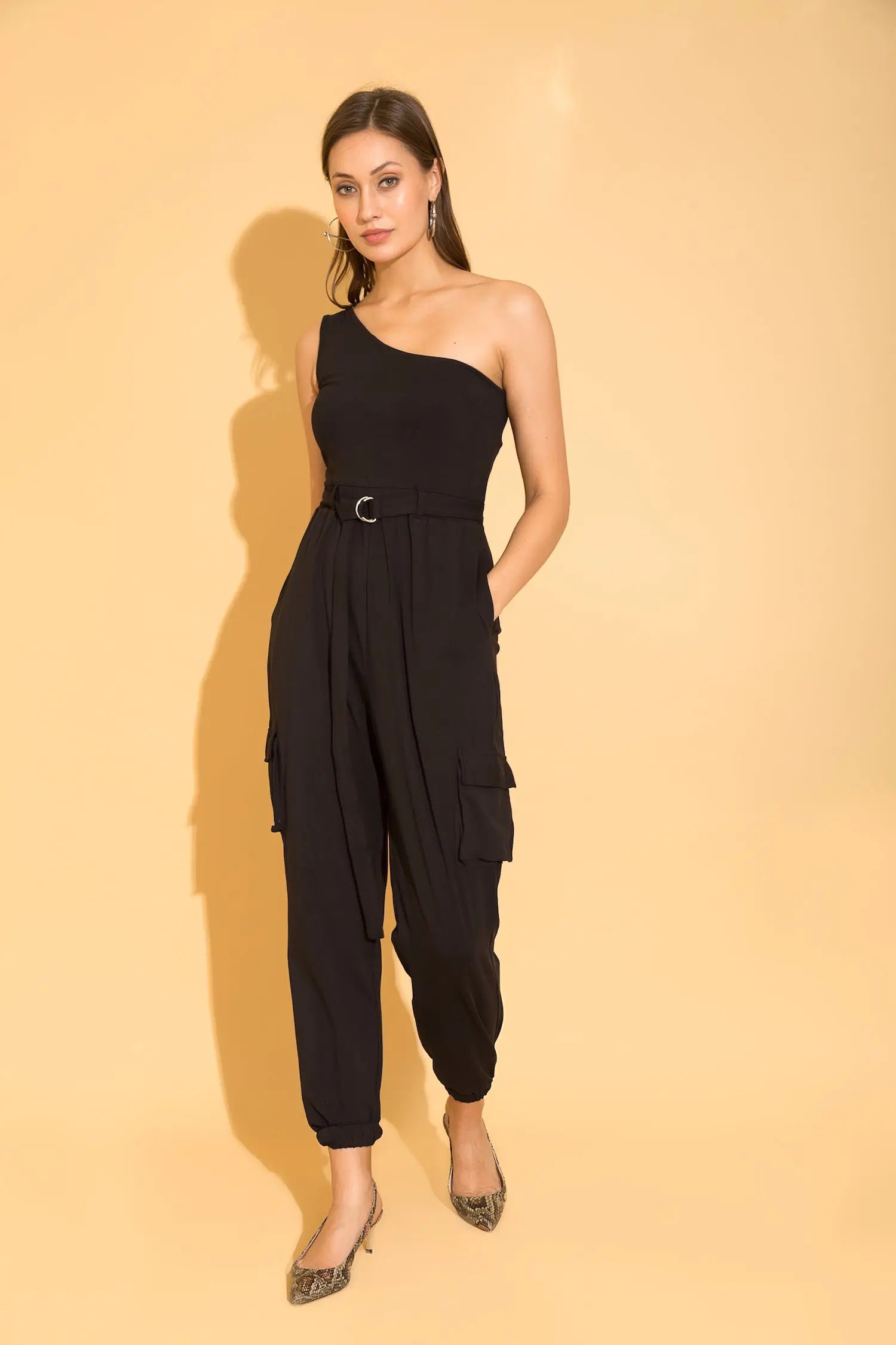 Black One Shoulder Cargo Jumpsuit - Jumpsuits