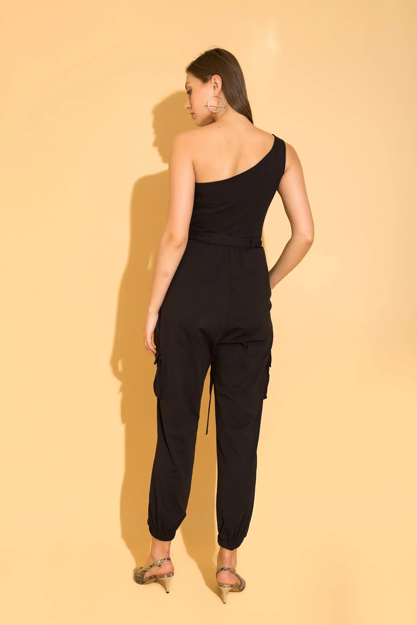 Black One Shoulder Cargo Jumpsuit - Jumpsuits