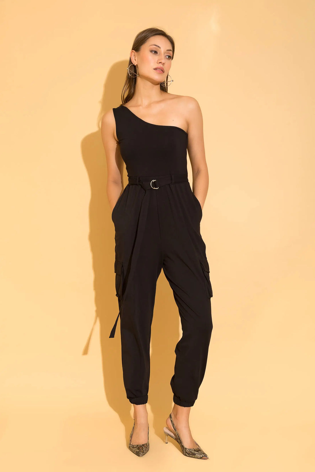 Black One Shoulder Cargo Jumpsuit - Jumpsuits