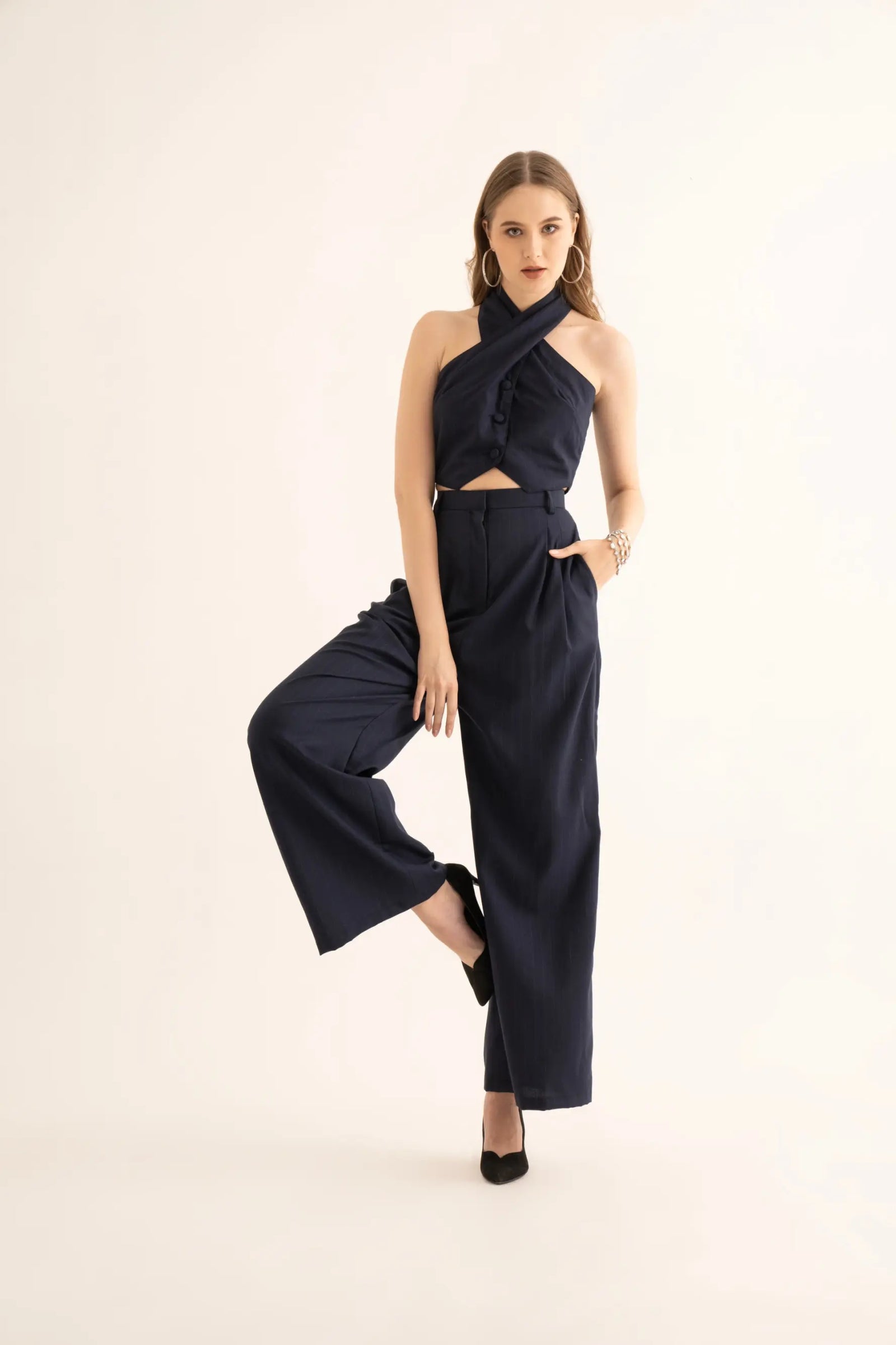 Black Pinstripe Halter Waistcoat and Suiting Pants Co-ord - SET