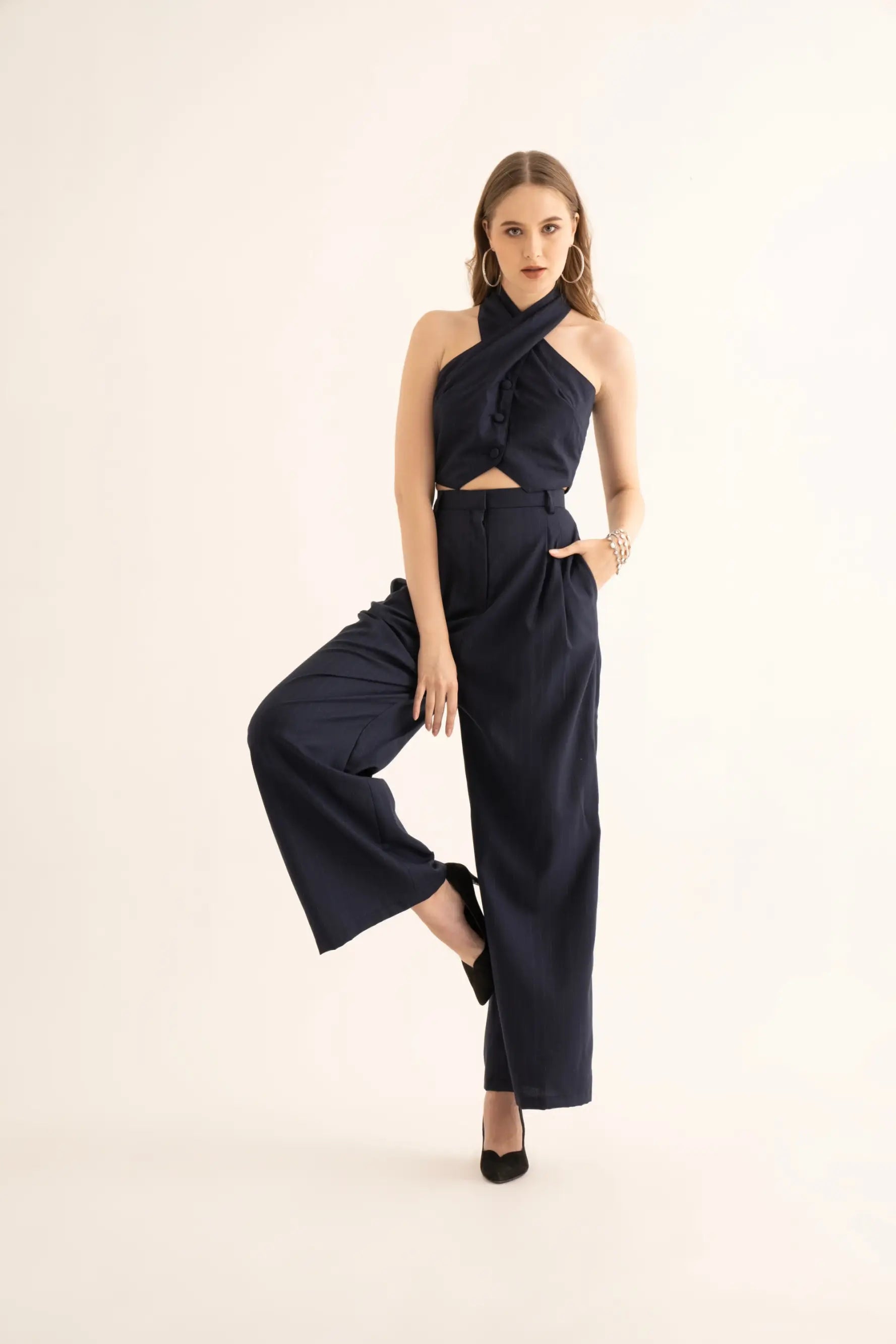 Black Pinstripe Halter Waistcoat and Suiting Pants Co-ord - SET