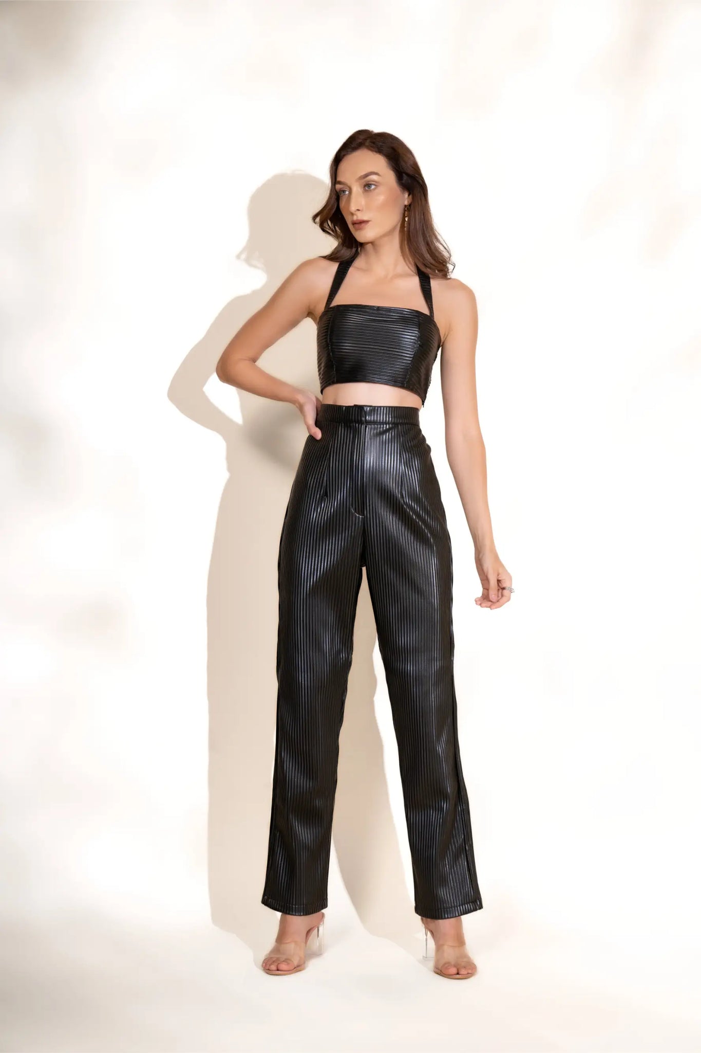 Black Pleated Leather Crop Top and Pants Co-ord Set - SET