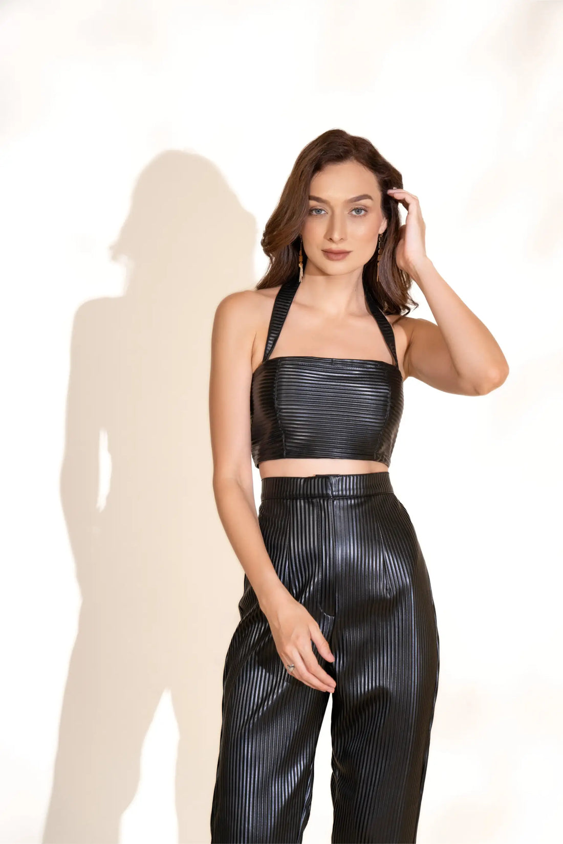 Black Pleated Leather Crop Top and Pants Co-ord Set - SET