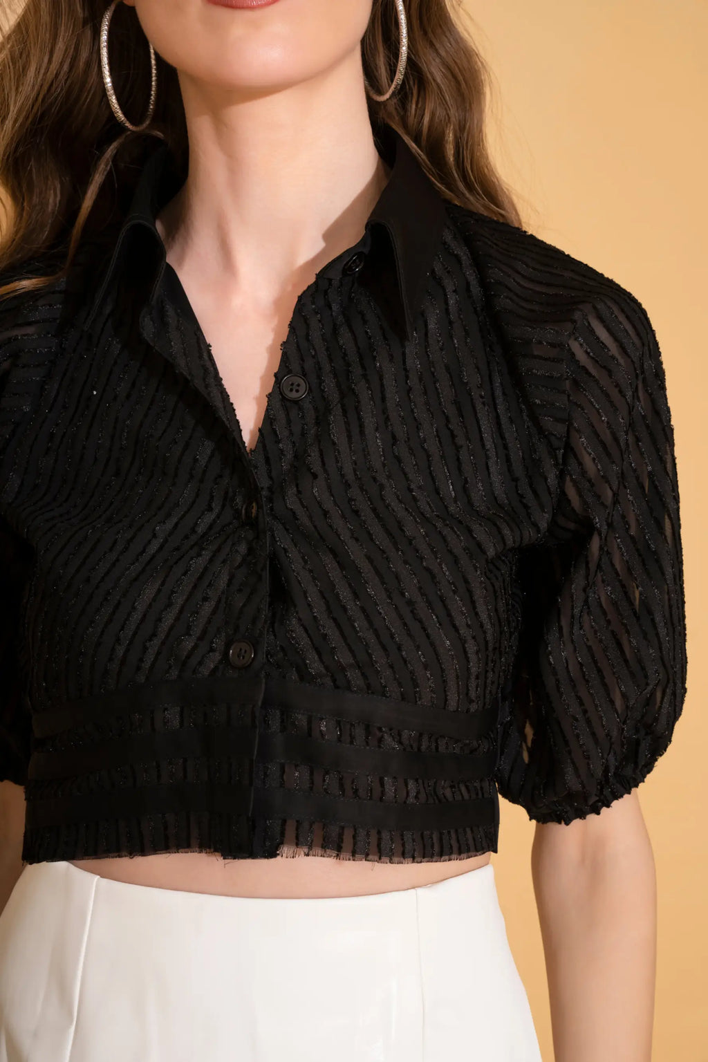Black Puff Sleeve Crop Shirt - SHIRTS