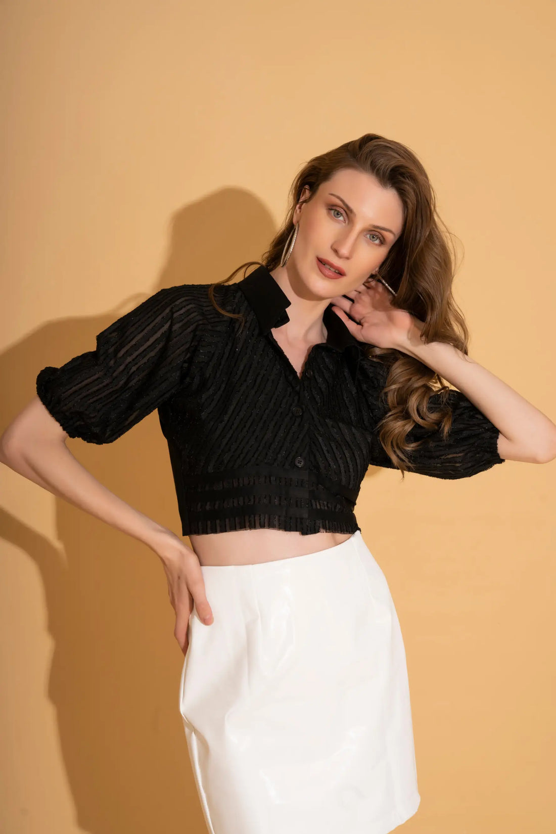 Black Puff Sleeve Crop Shirt - SHIRTS