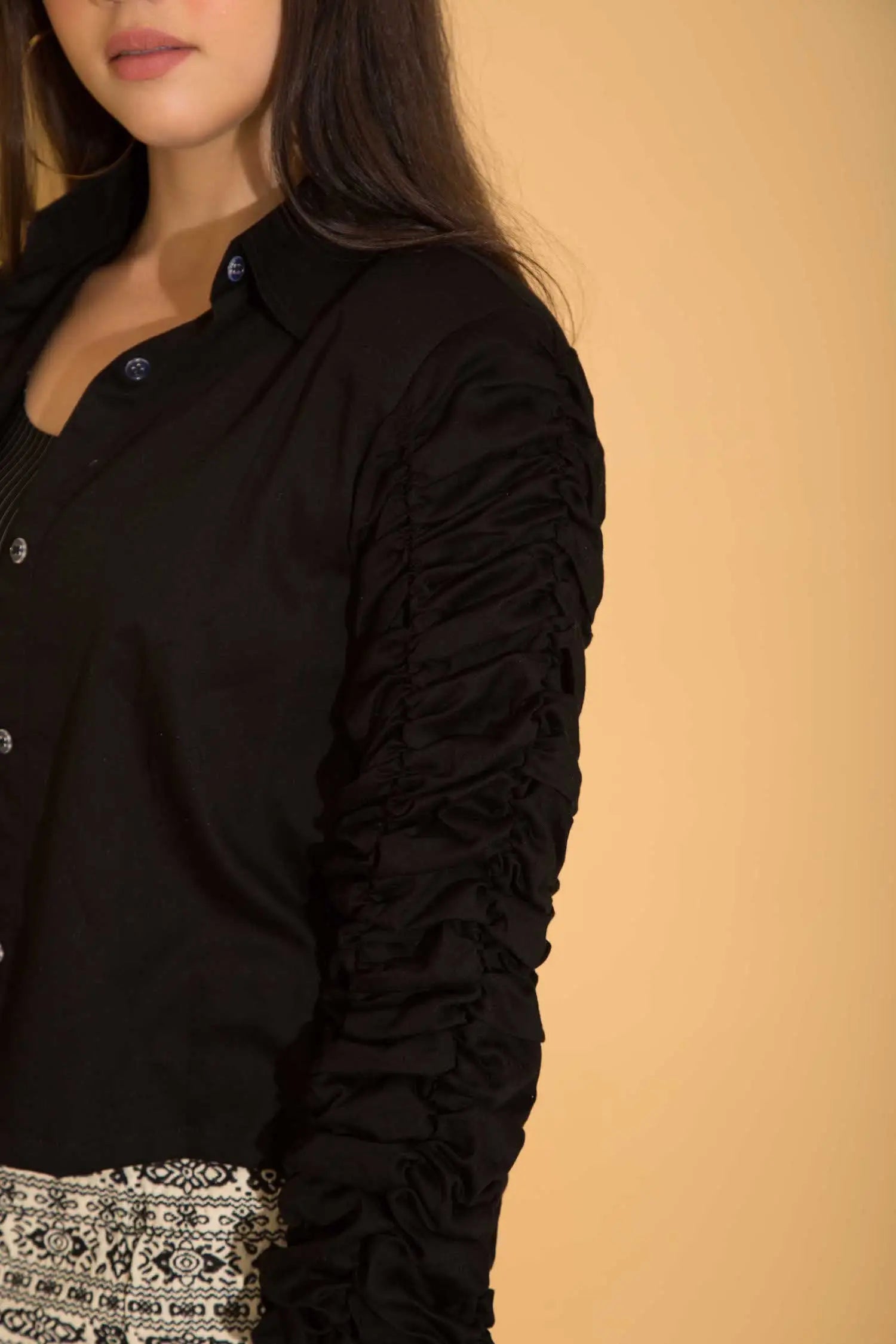 Black Ruched Sleeve Blazer Shirt - SHIRTS