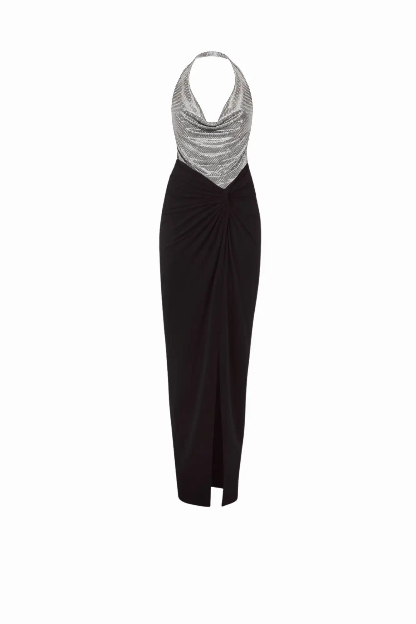 Black and silver draped halter neck dress with a high slit.