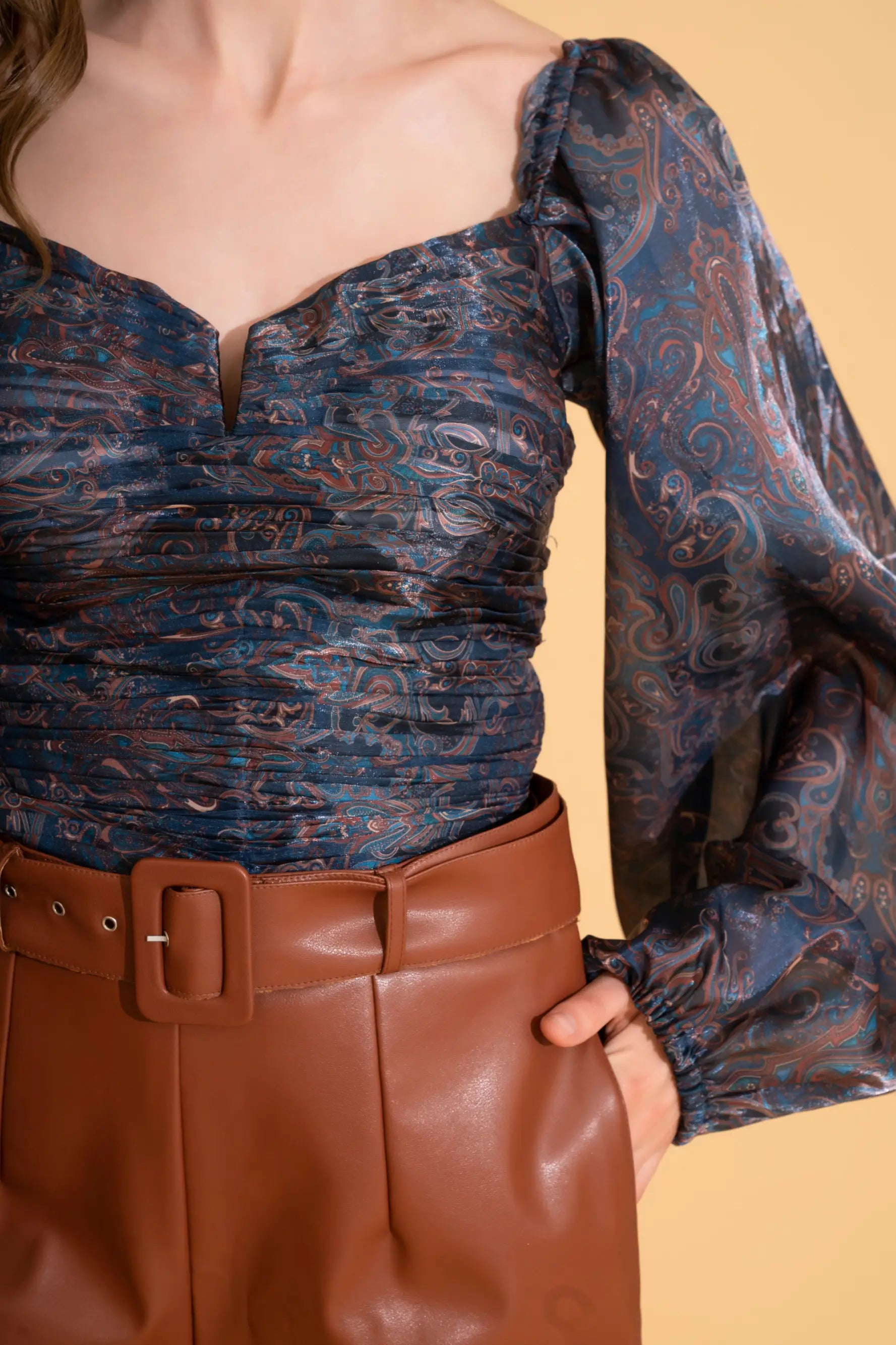 Blue Printed Ruched Blouse - TOPS