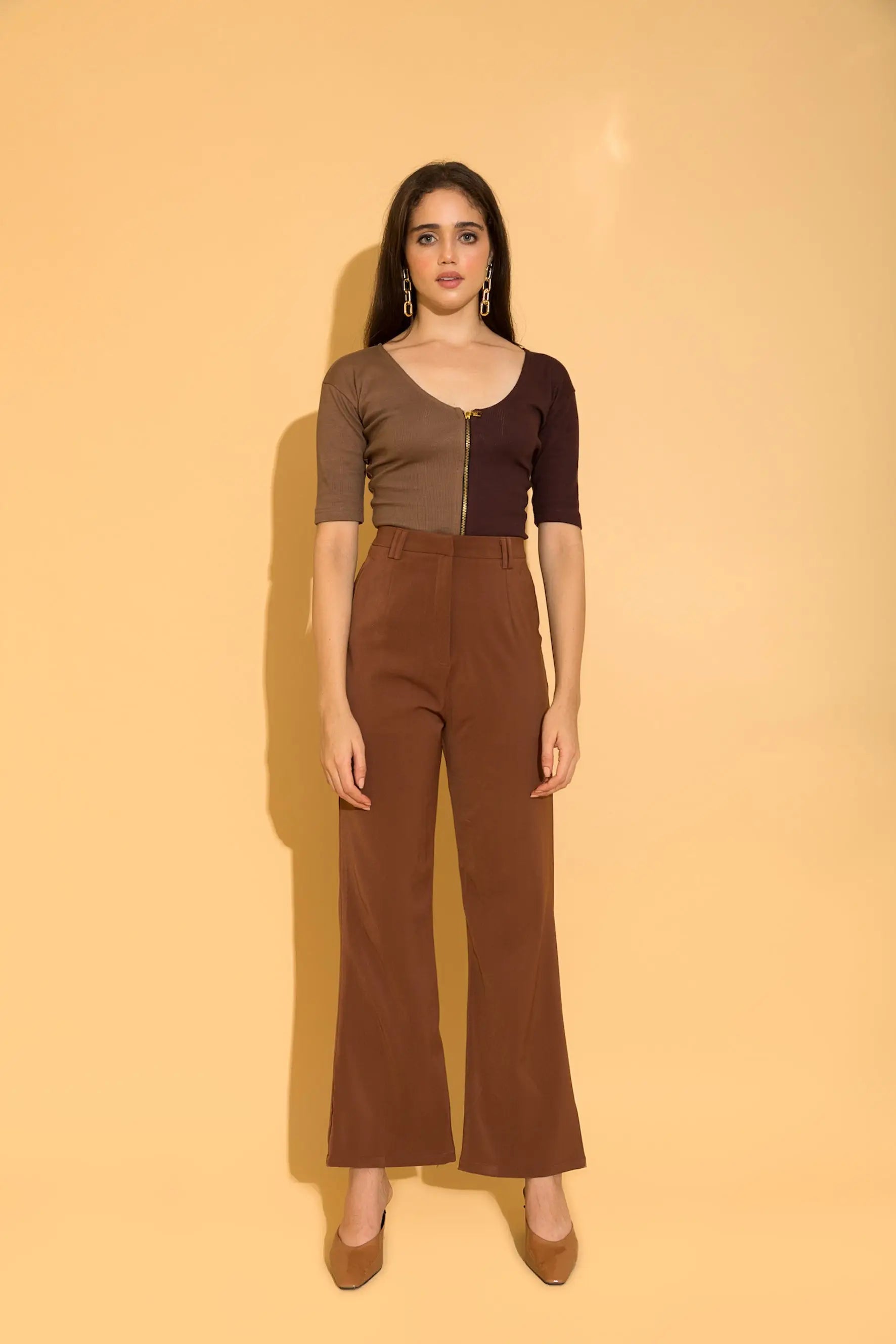 Brown Colour Block Rib Top - TOPS