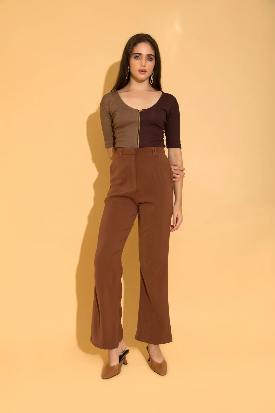 Brown Colour Block Rib Top - TOPS