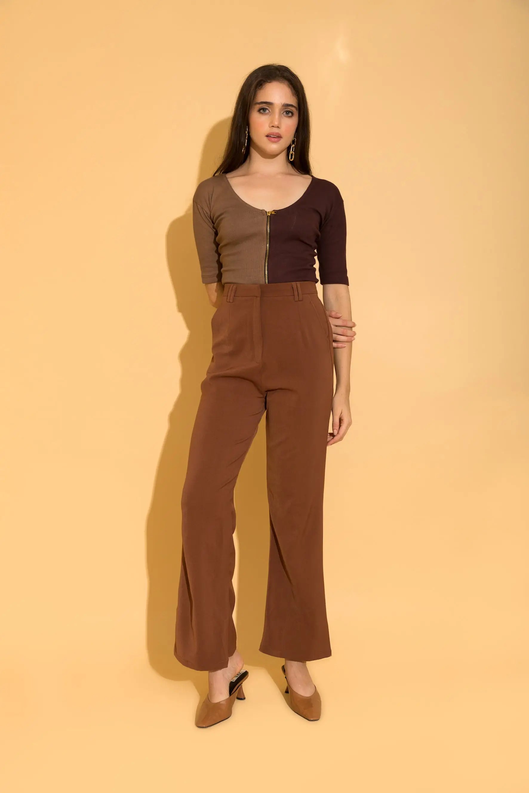 Brown Colour Block Rib Top - TOPS