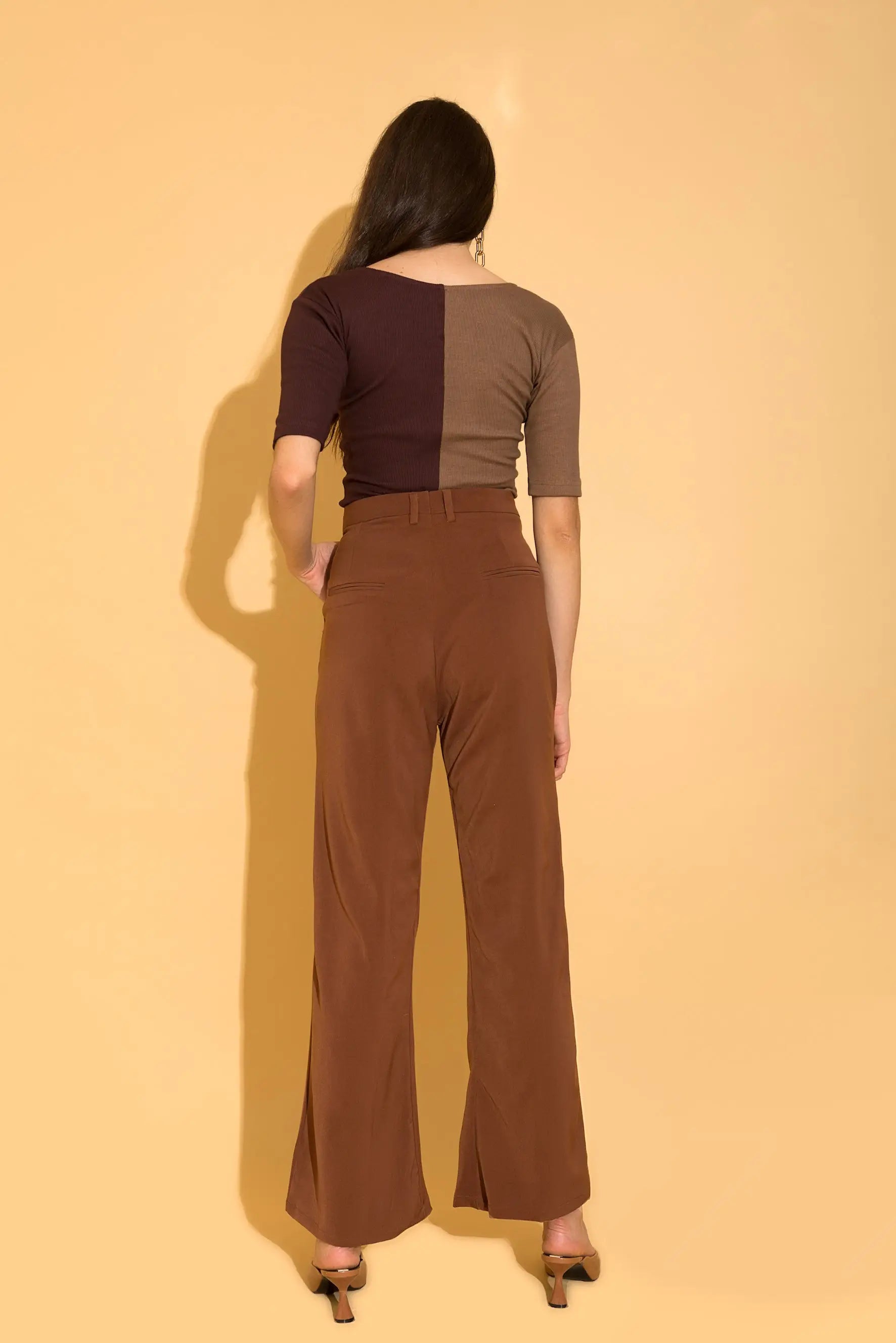 Brown Colour Block Rib Top - TOPS