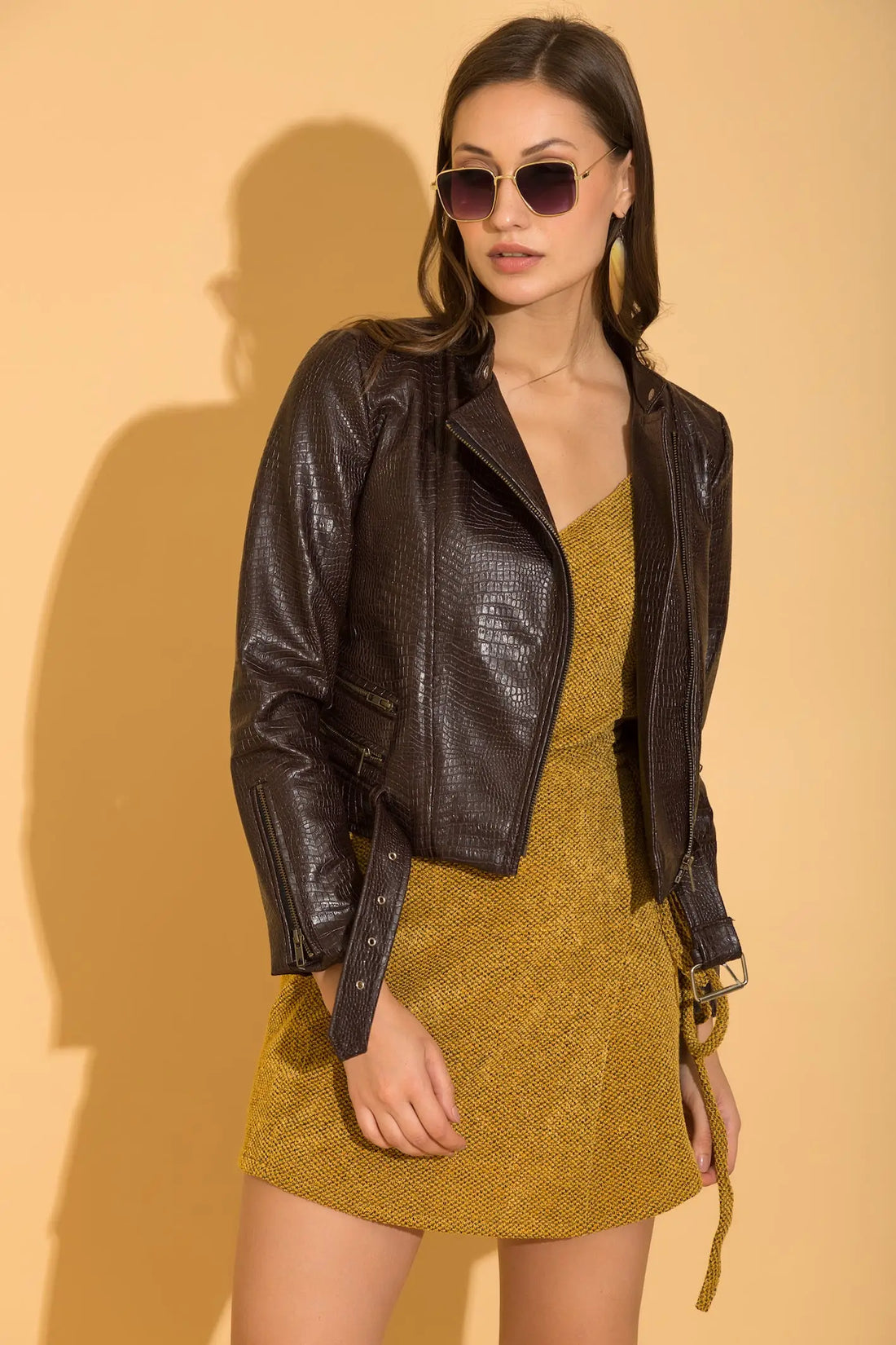 Brown Croc Leather Biker Jacket - JACKETS