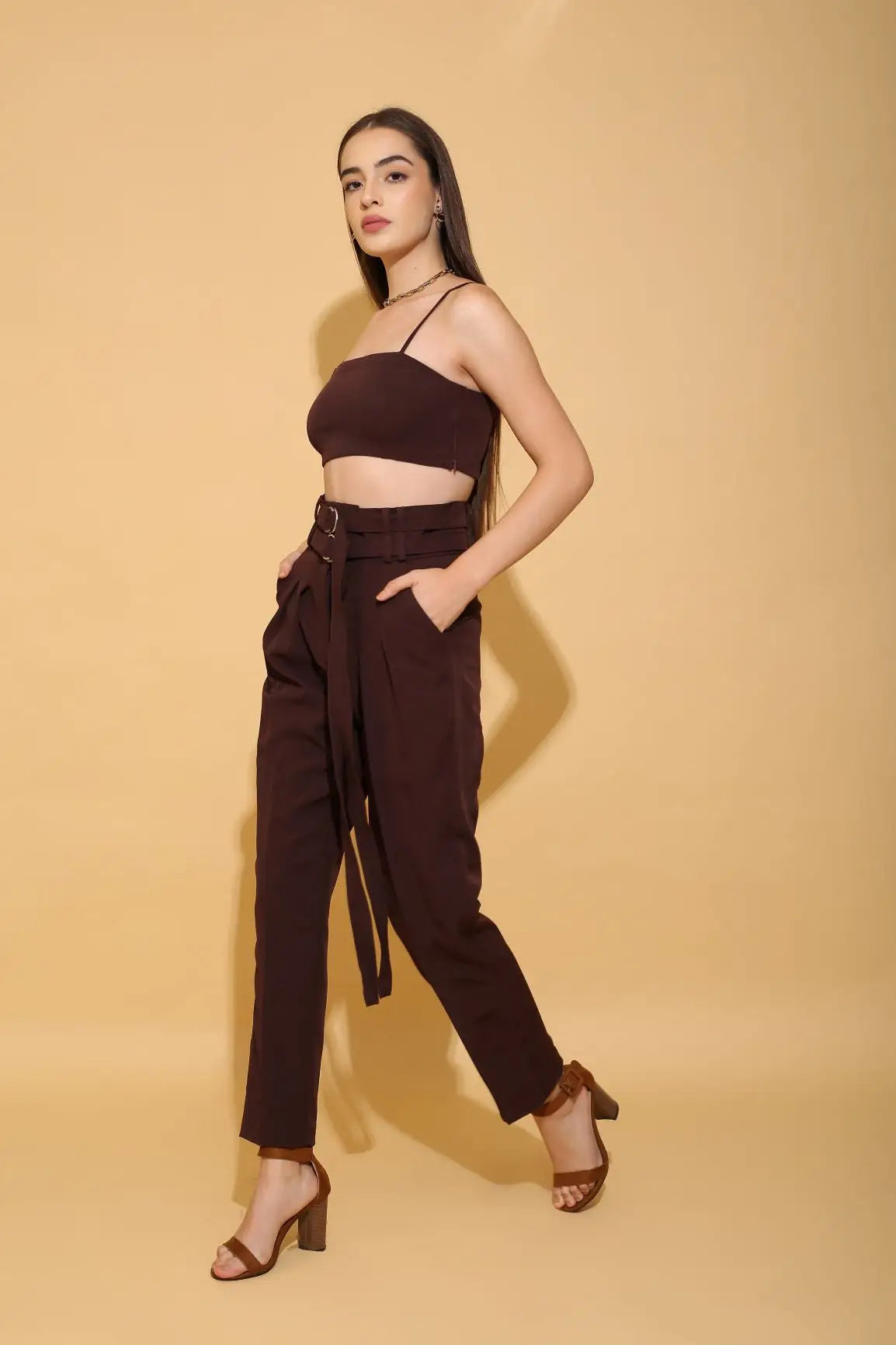 Brown Double Belted Pants - PANTS