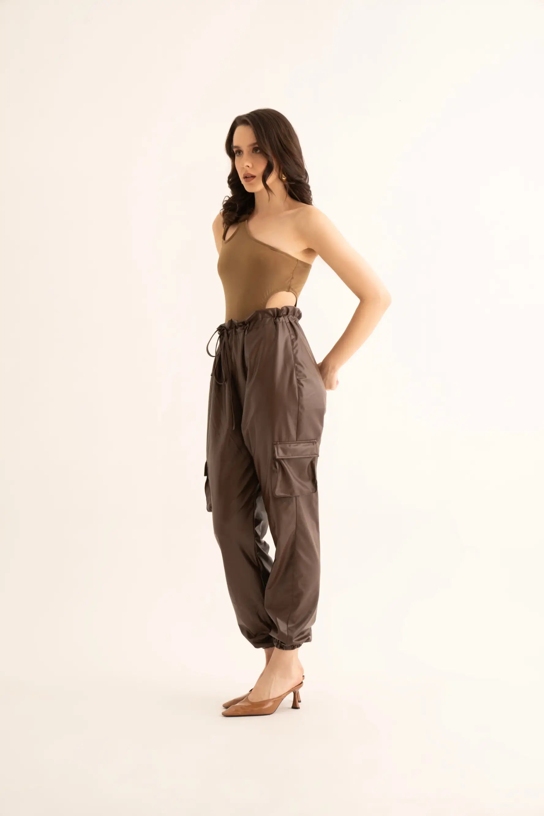 Brown Faux Leather Cargo Pants and Cut-Out Bodysuit Co-ord Set - SET