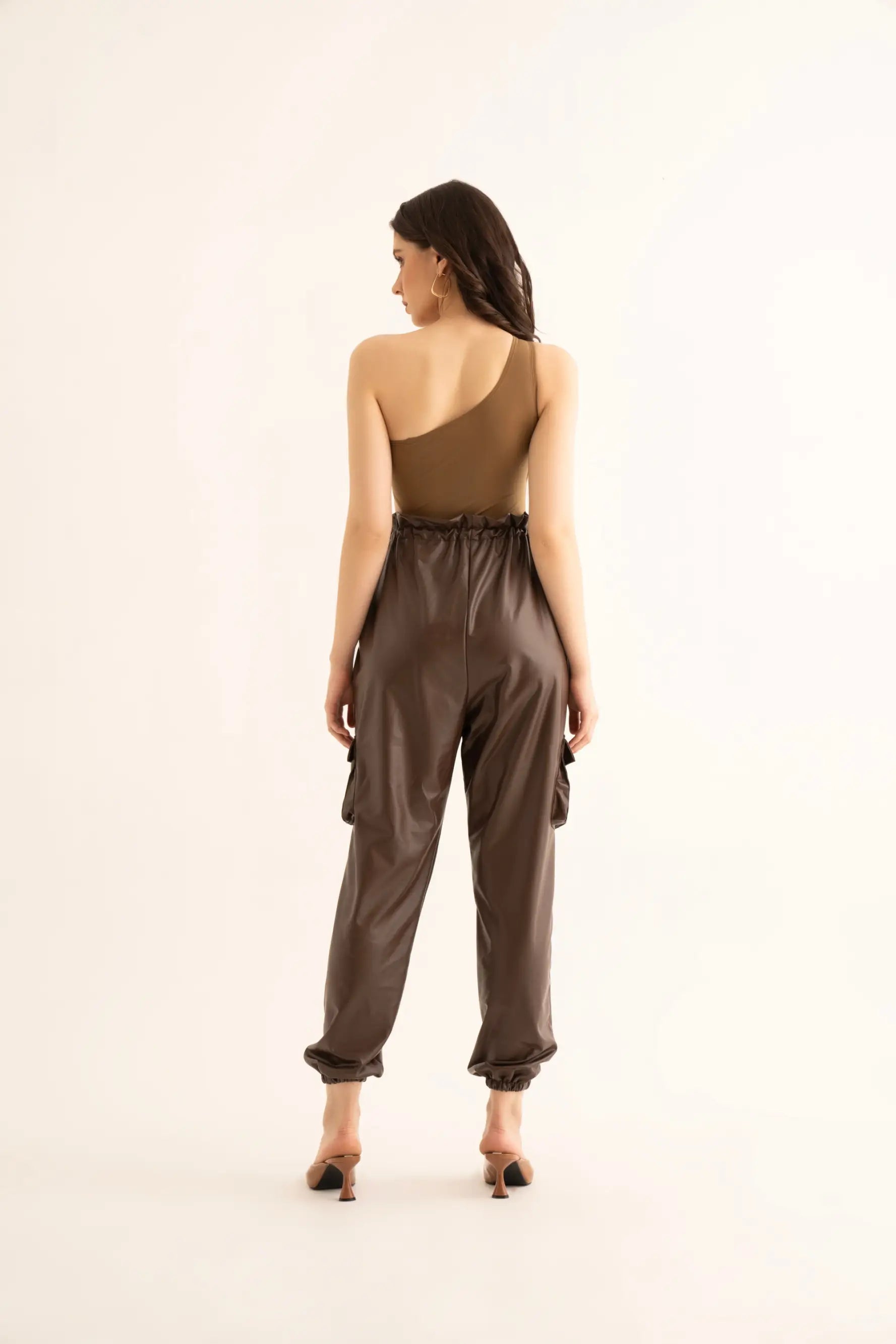 Brown Faux Leather Cargo Pants and Cut-Out Bodysuit Co-ord Set - SET