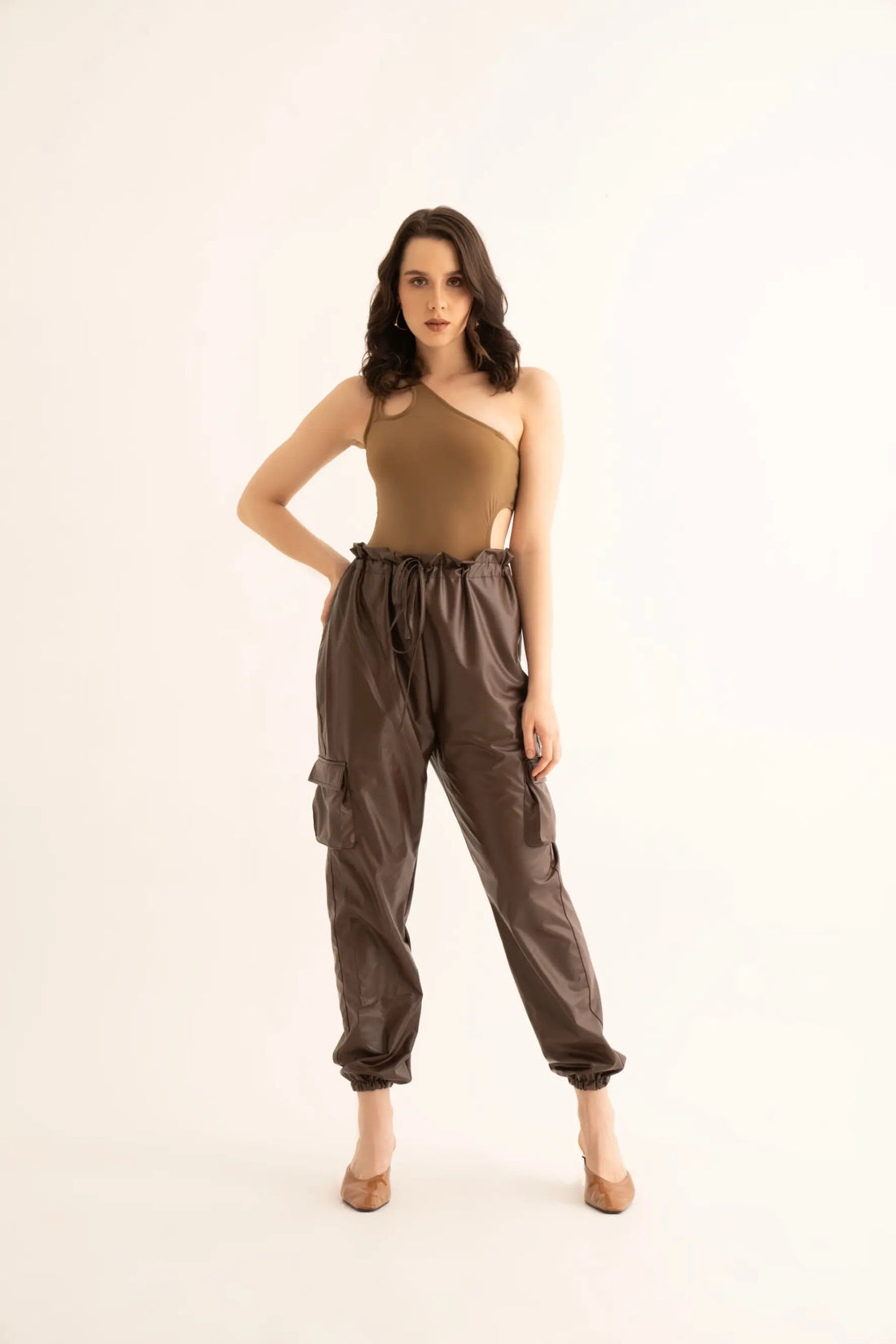 Brown Faux Leather Cargo Pants and Cut-Out Bodysuit Co-ord Set - SET