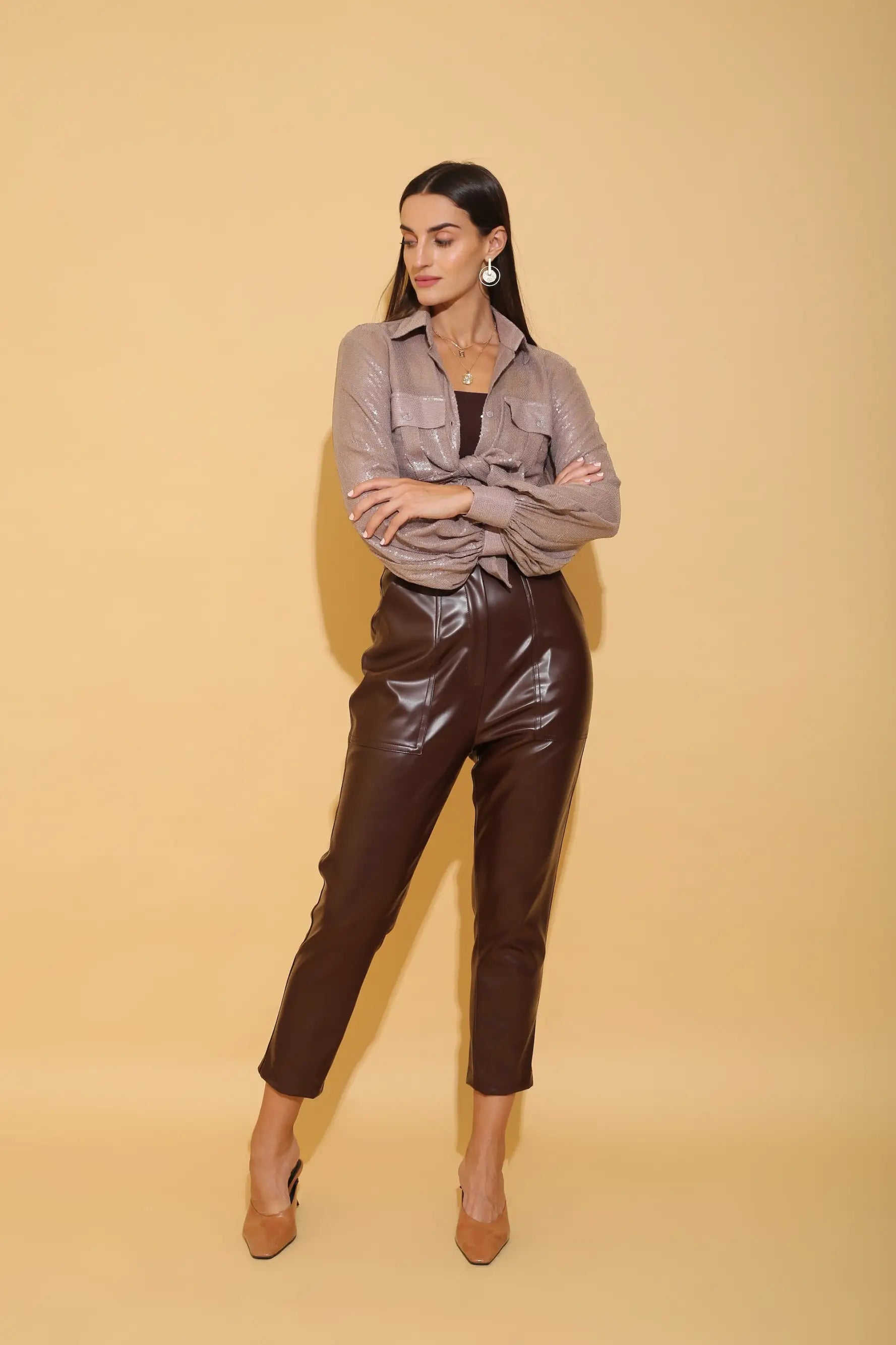 Brown Faux Leather Pants - PANTS