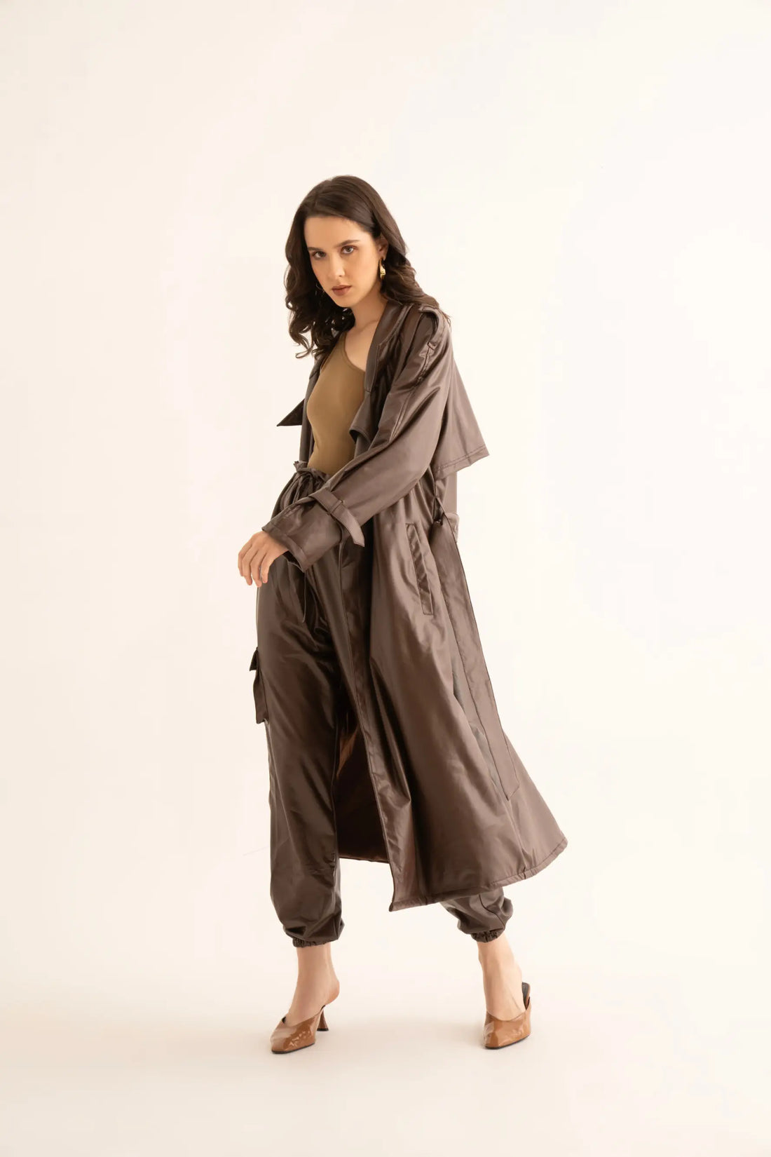 Brown Faux Leather Trench and Cargo Pants Co-ord Set - SET