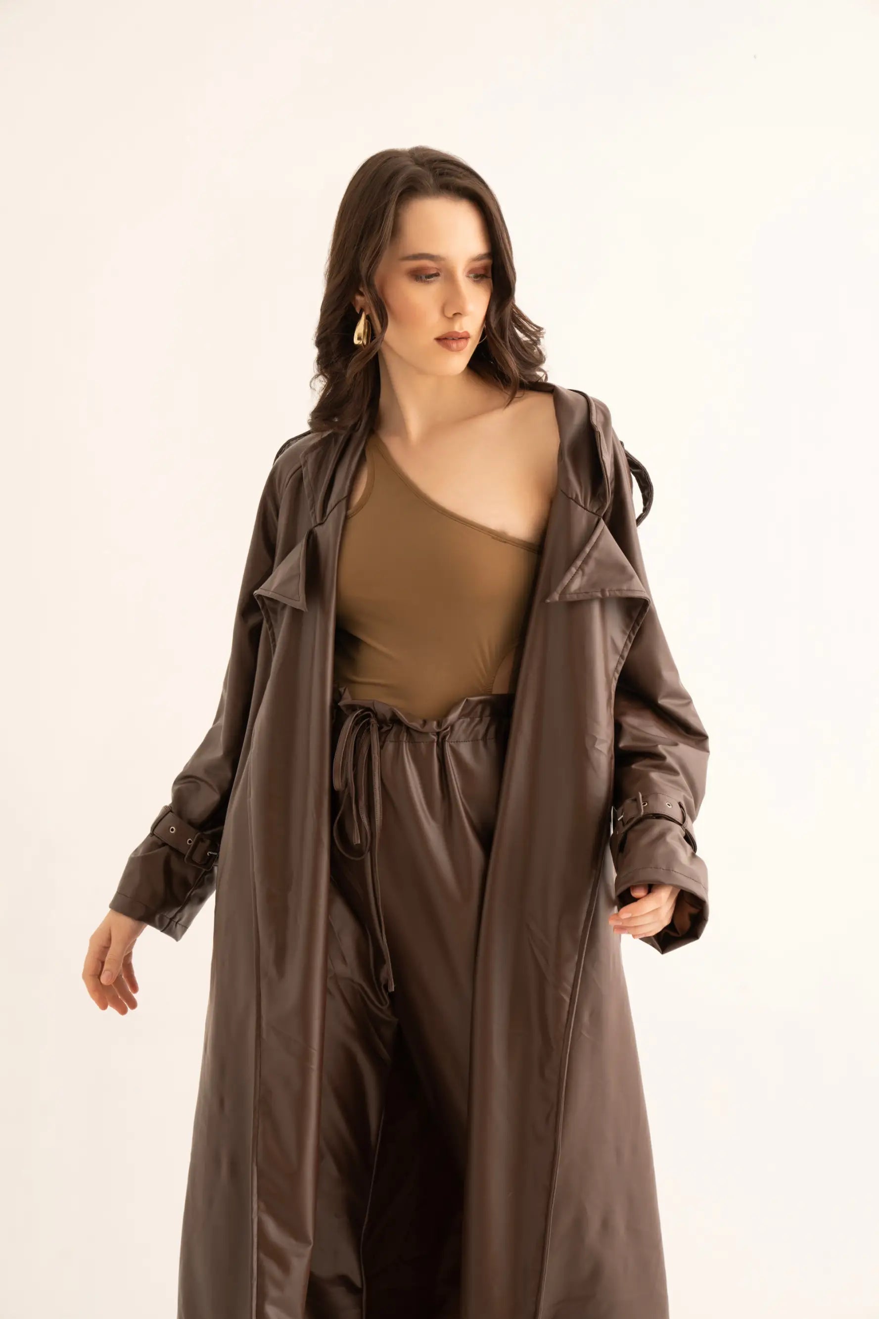 Brown Faux Leather Trench and Cargo Pants Co-ord Set - SET