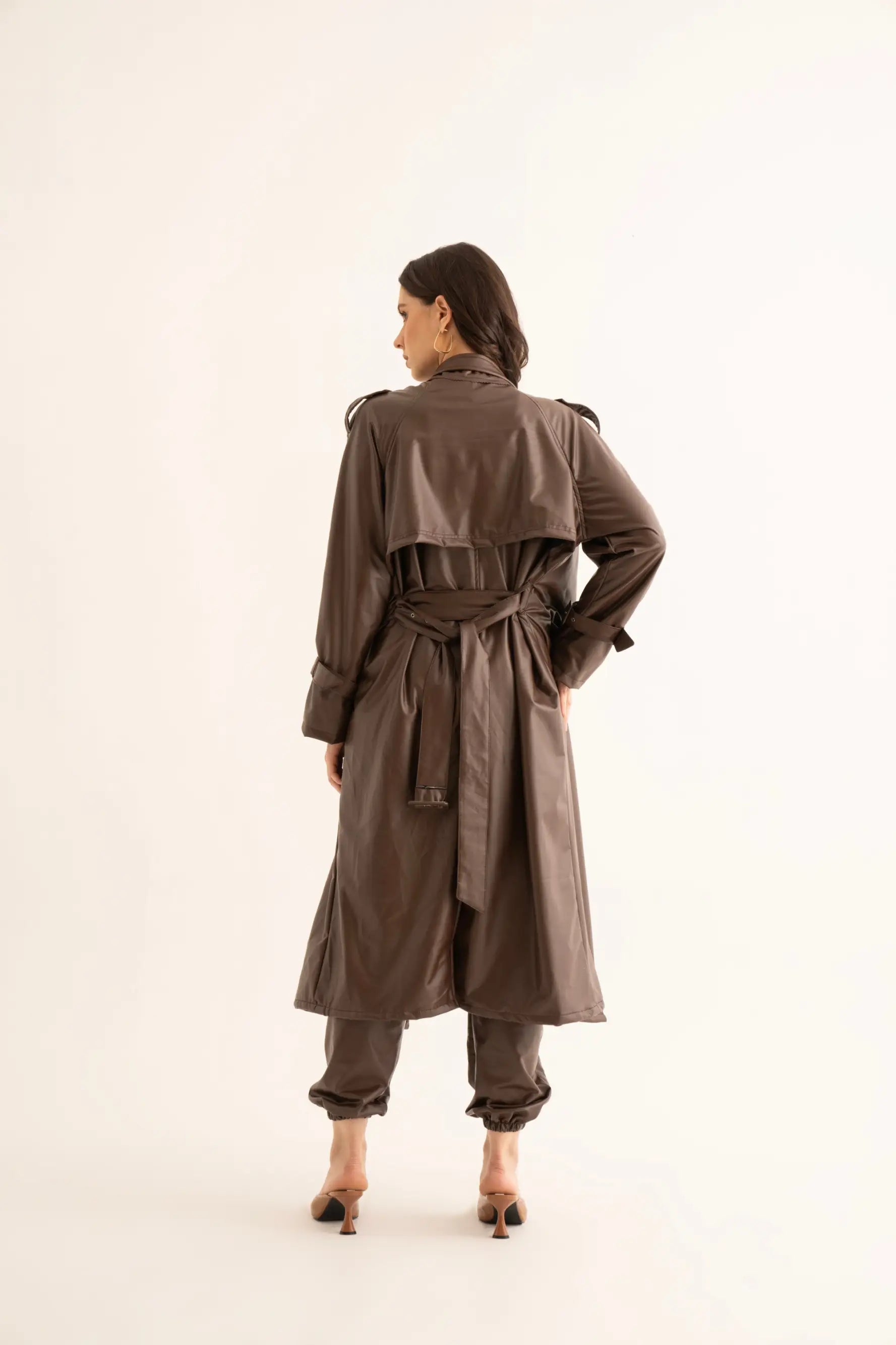 Brown Faux Leather Trench and Cargo Pants Co-ord Set - SET