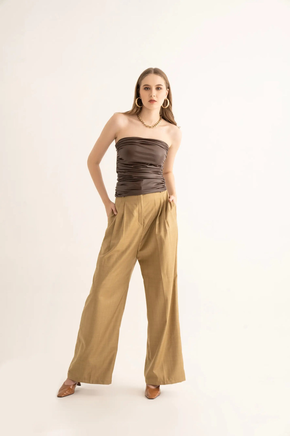 Brown Gathered Tube Top and Suiting Pants Co-ord Set - SET