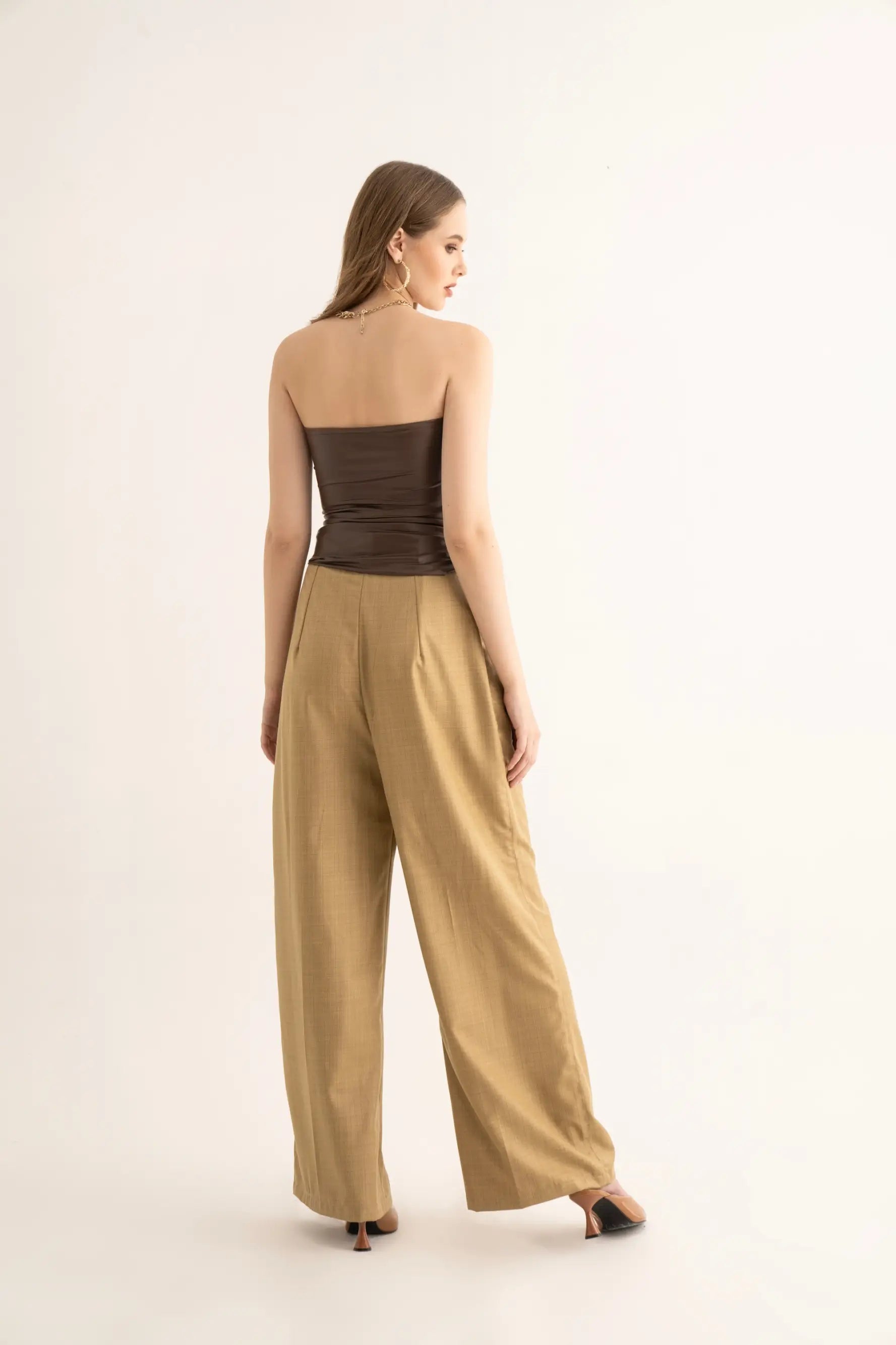 Brown Gathered Tube Top and Suiting Pants Co-ord Set - SET