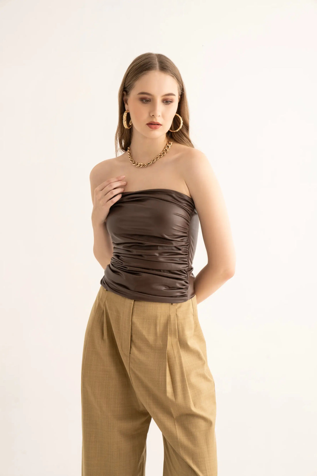 Brown Gathered Tube Top and Suiting Pants Co-ord Set - SET