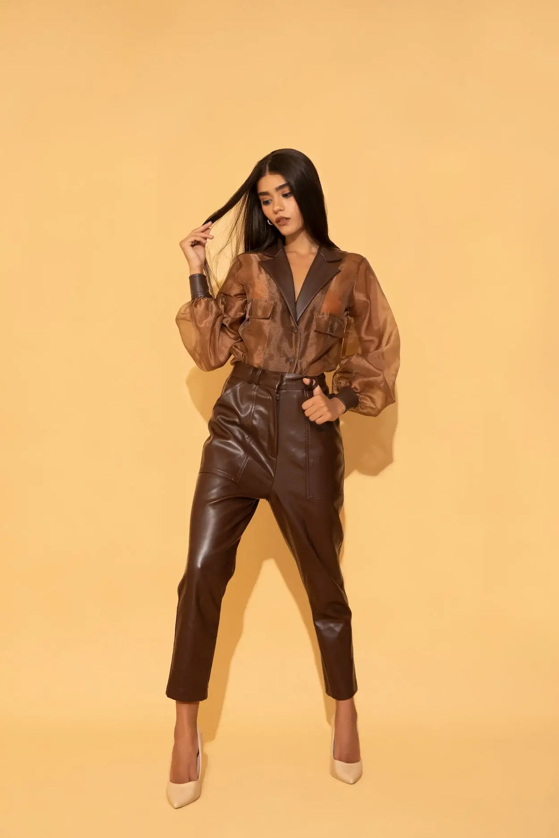 Brown Organza Shirt and Leather Pants Co-ord Set - SET