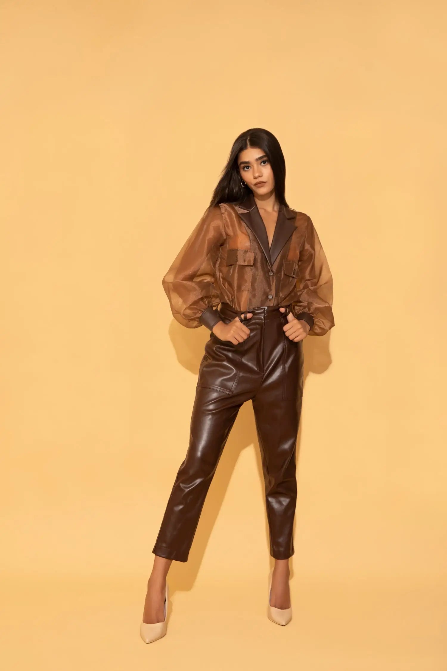 Brown Organza Shirt and Leather Pants Co-ord Set - SET