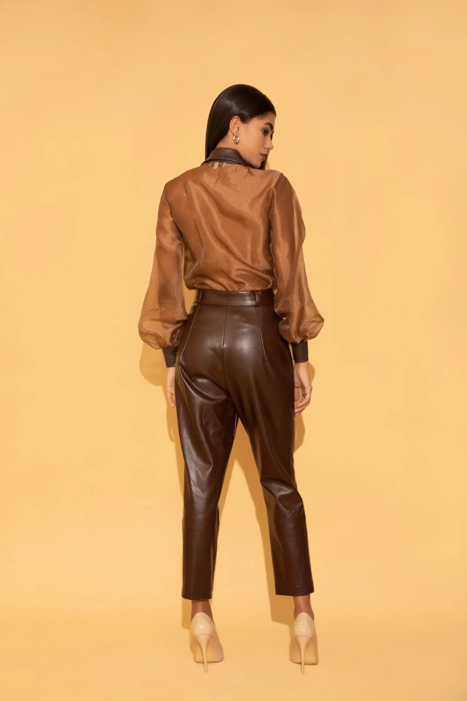 Brown Organza Shirt and Leather Pants Co-ord Set - SET